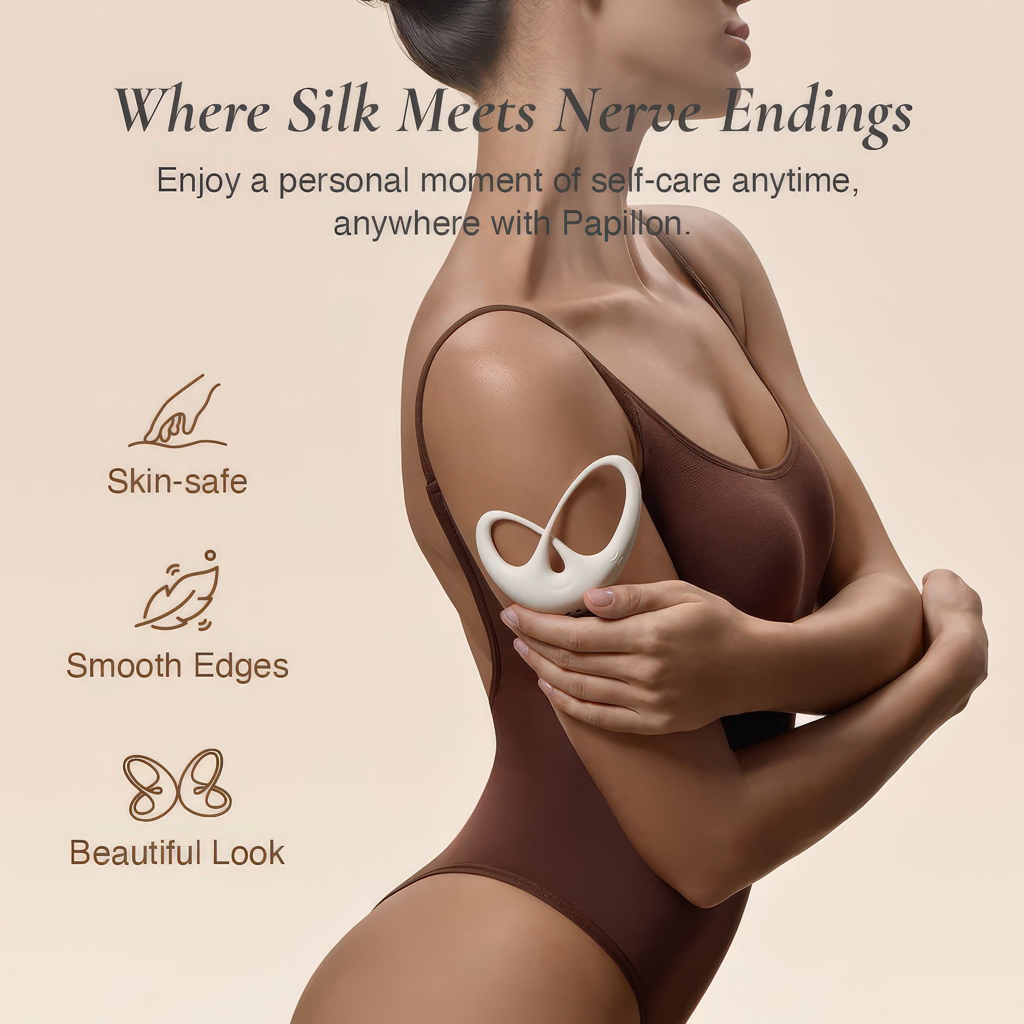 Woman wearing a brown bodysuit with a white object, surrounded by text and icons on a beige background.