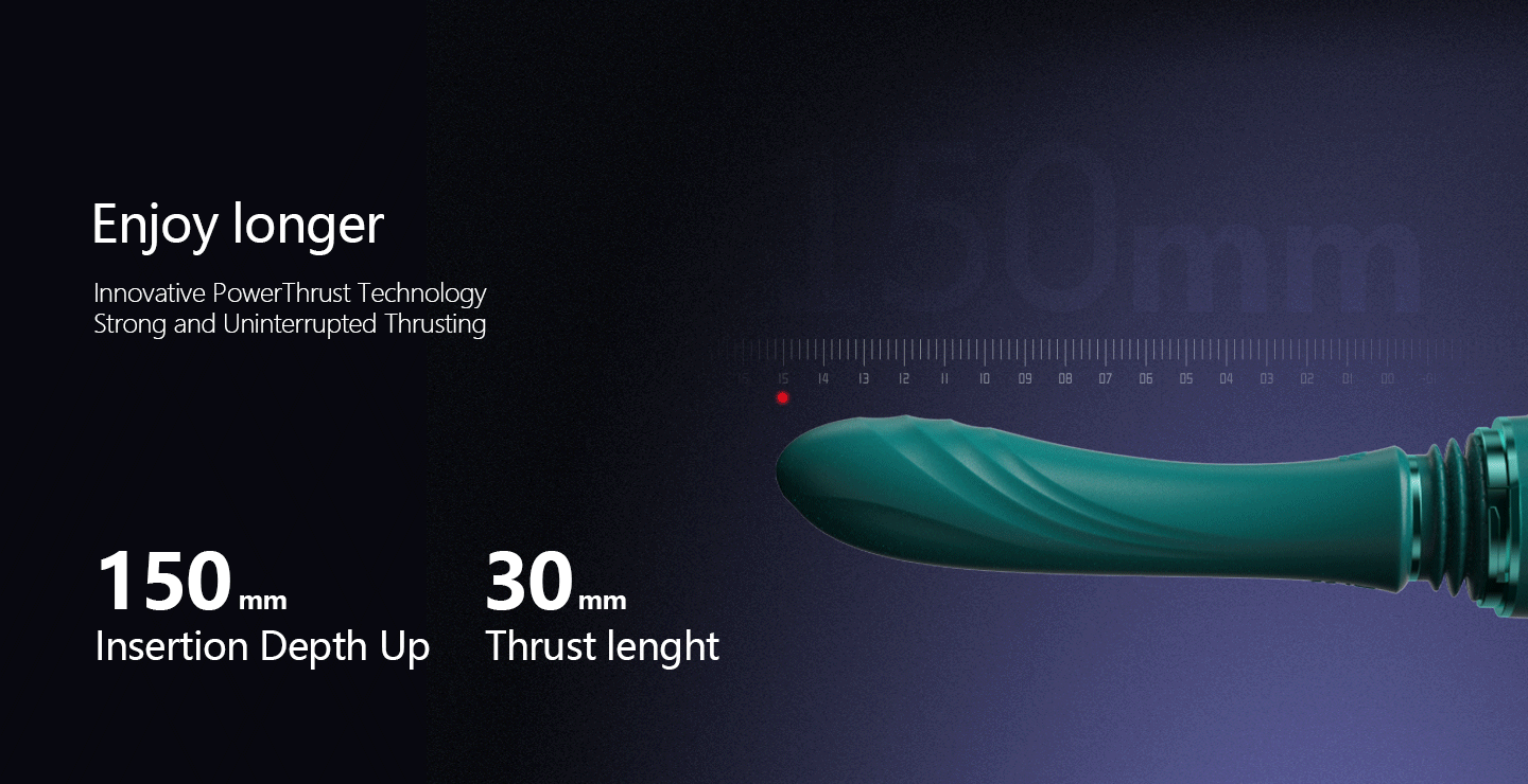 Animated GIF showing thrusting action of dildo alongside promotional text