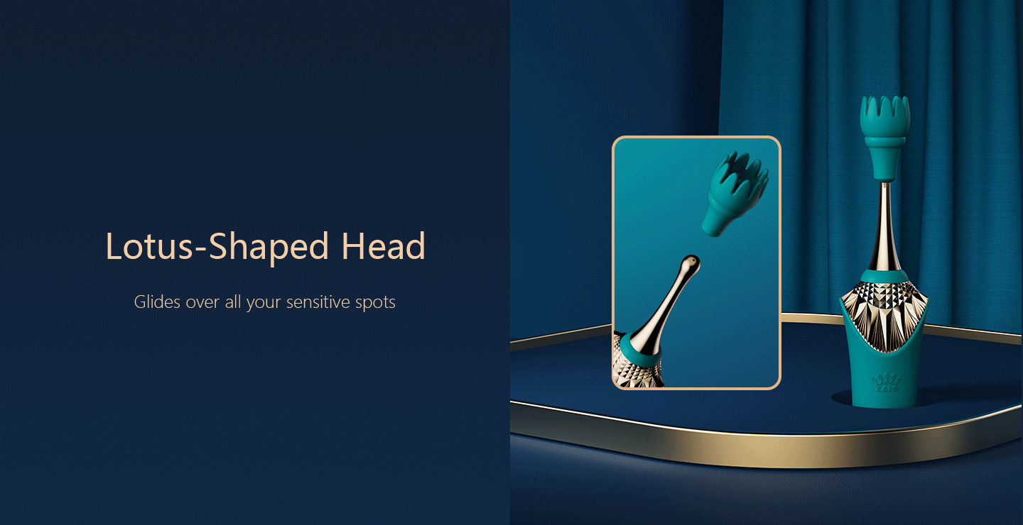 Animated GIF demonstrating exchangeable lotus-shaped head for vibrator