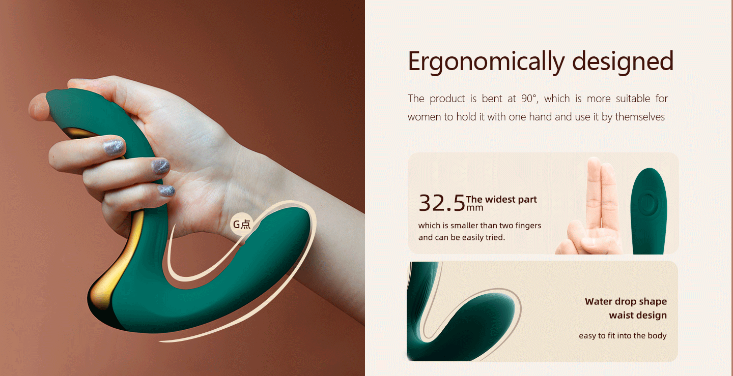 Animated GIF demonstrating the ergonomic angles of a vibrator alongside promotional text