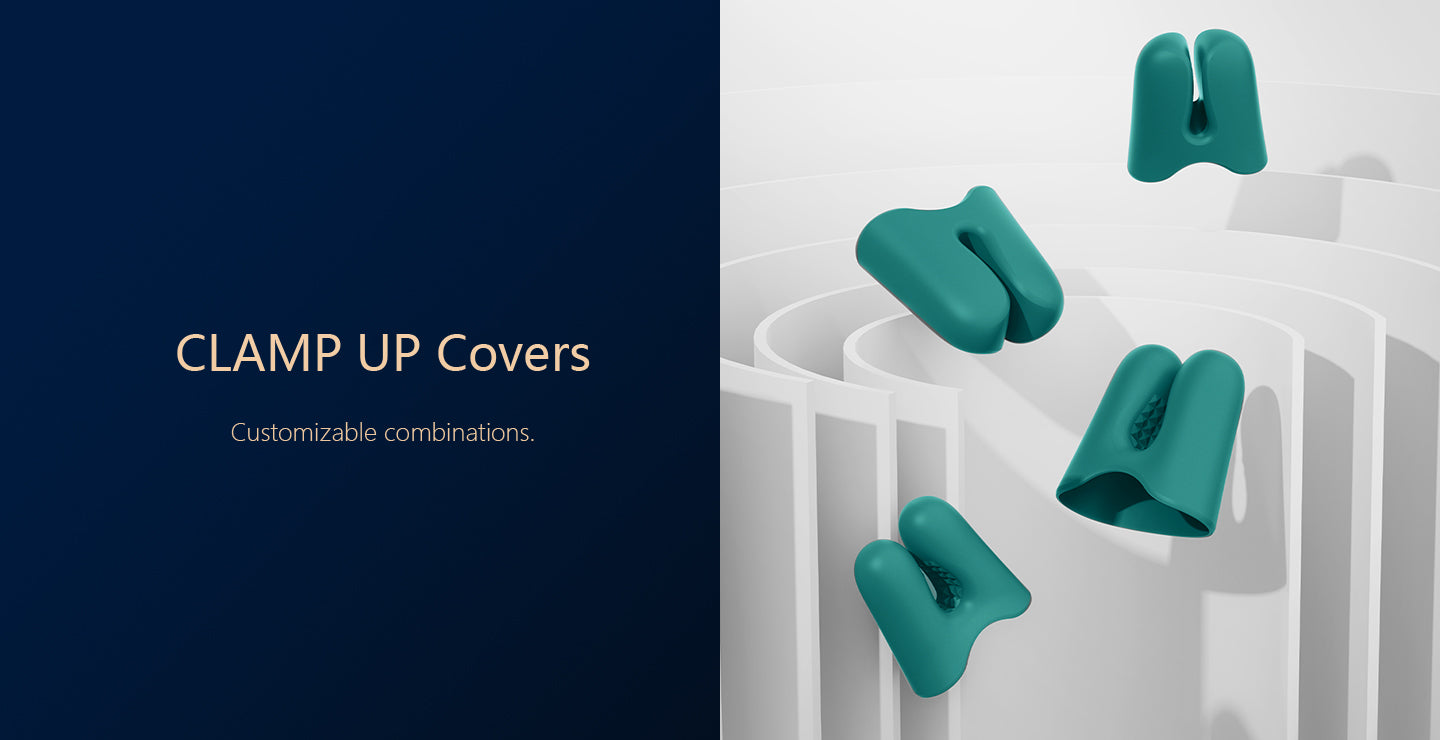 Teal clamp-up covers with customizable combinations on a white background