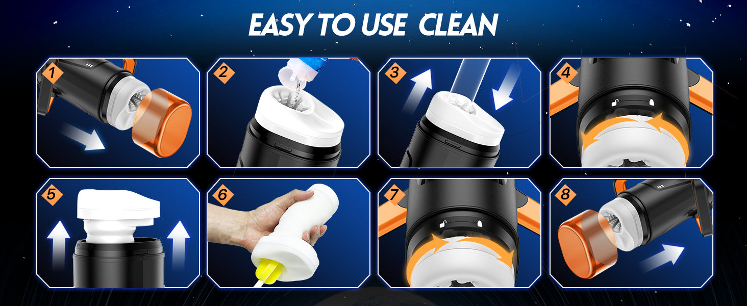 Step-by-step guide on how to use and clean a device with close-up shots on a blue background.