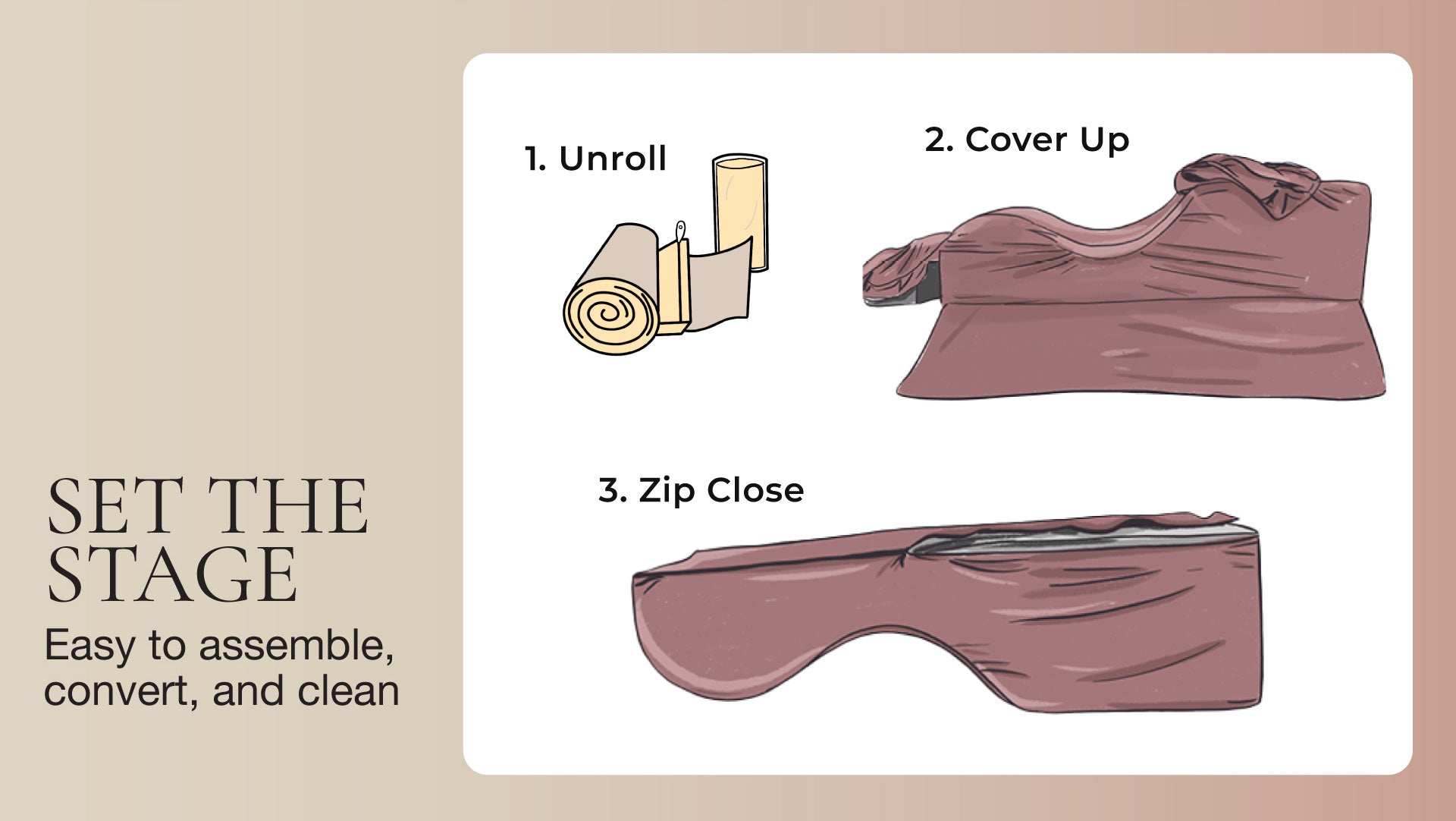 Instructions for setting up a foam chaise with illustrations and text on a beige background.