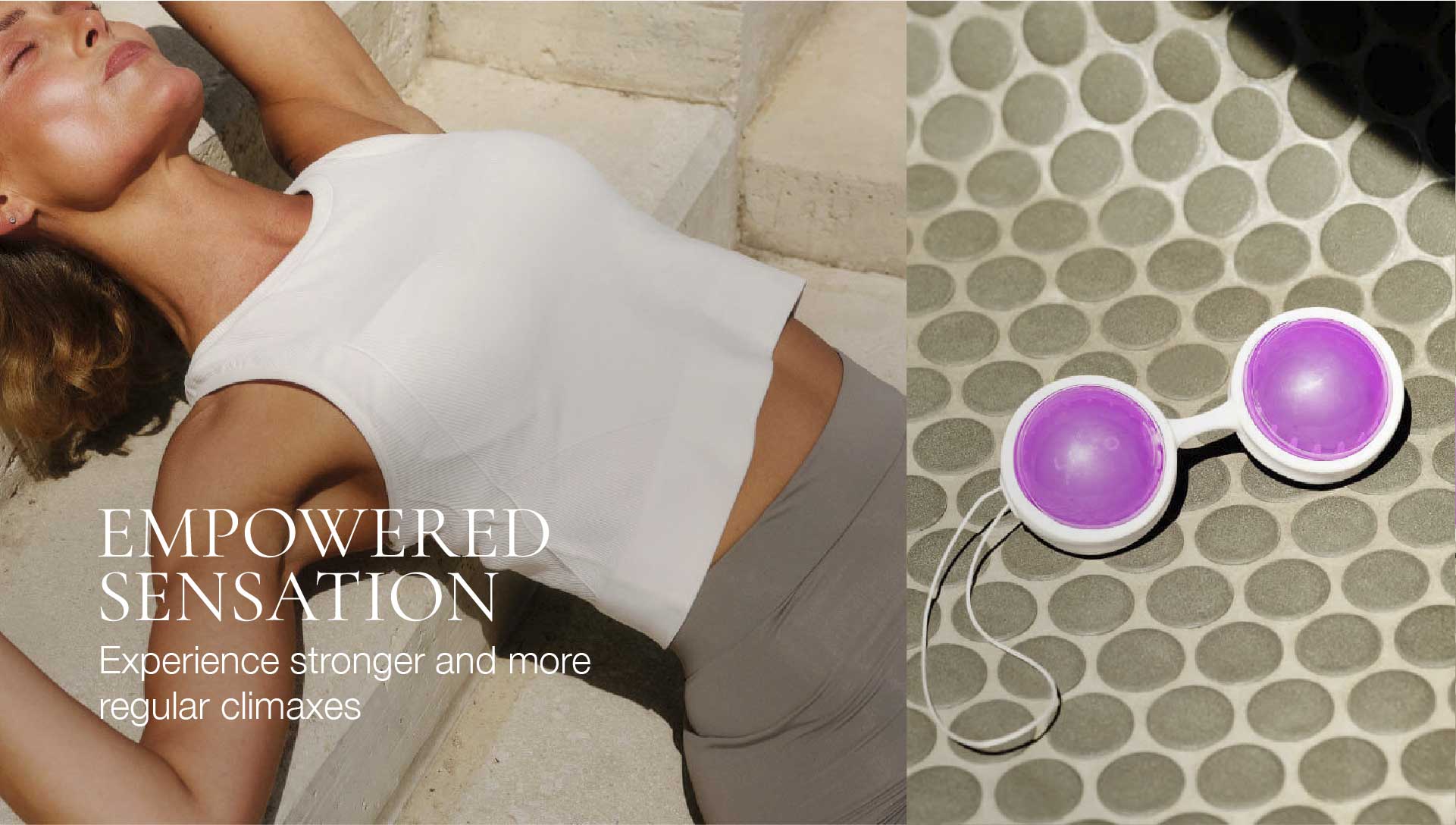 Woman lying on a towel with text 'Empowered Sensation' next to a purple and white device on a patterned surface.