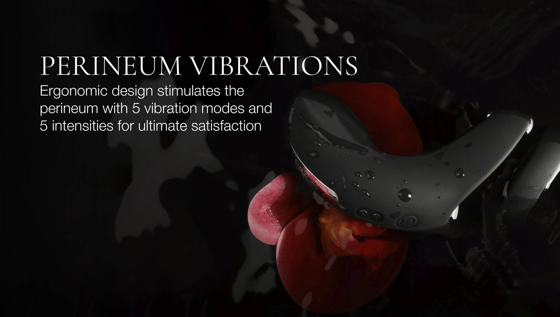 Product with text about perineum vibrations on a dark background