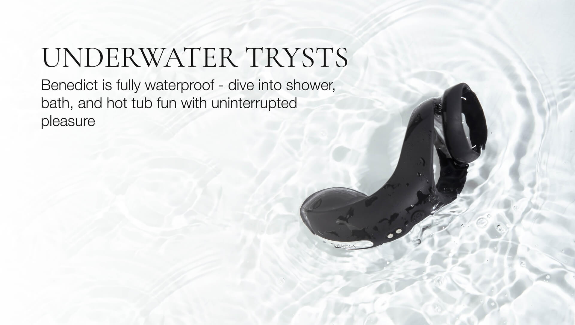 Black waterproof stimulator submerged in water with text about its features.