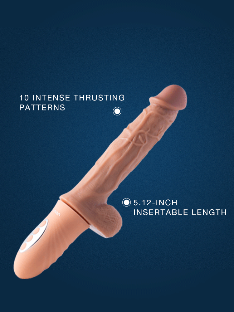 Animated GIF showing thrusting action of motorized dildo with features text