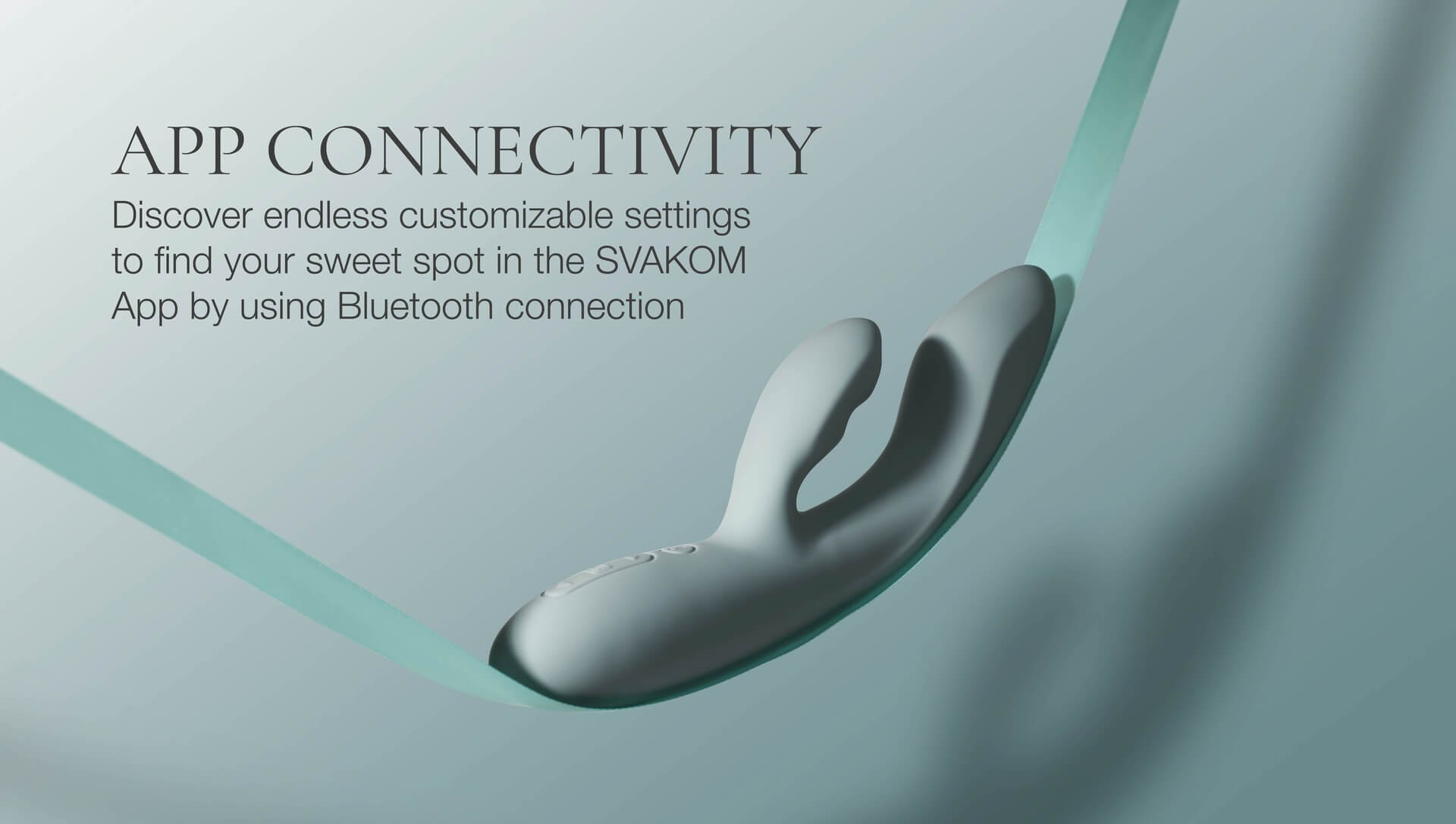 Silicone vibrator wand with text about SVAKOM App connectivity on a light blue background
