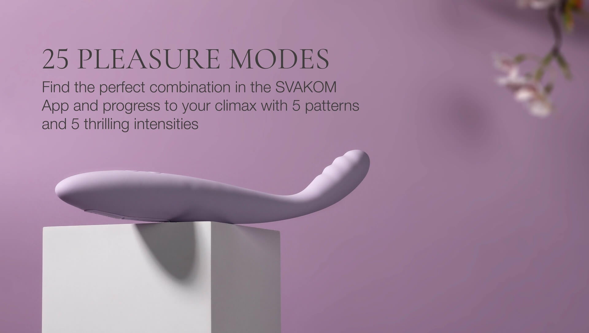 Purple toy on a white pedestal with text about Svakom app and pleasure modes on a purple background