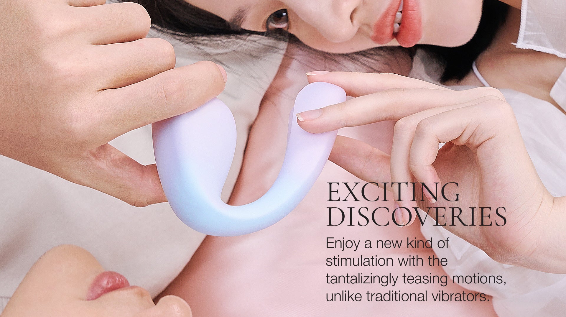 Person holding a silicone vibrator with text about new stimulation experiences.