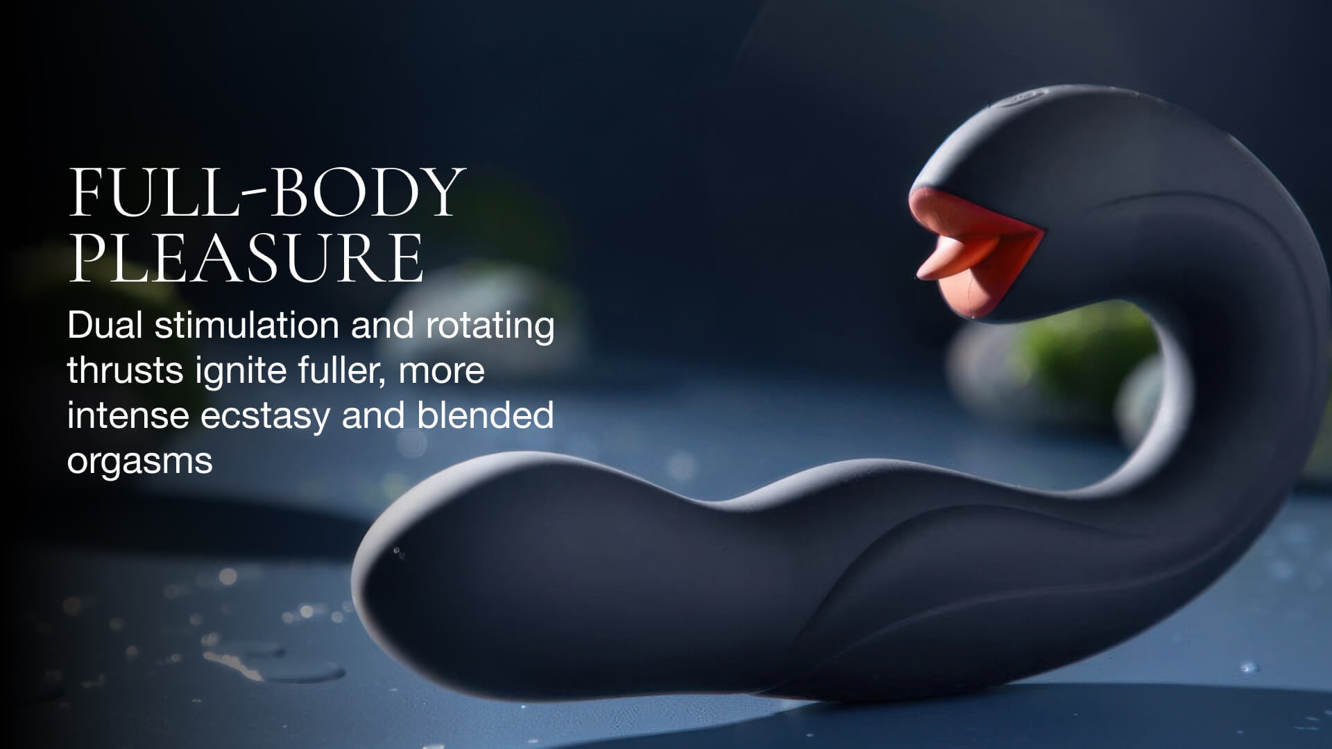 Sexual product with text about full-body pleasure on a dark background
