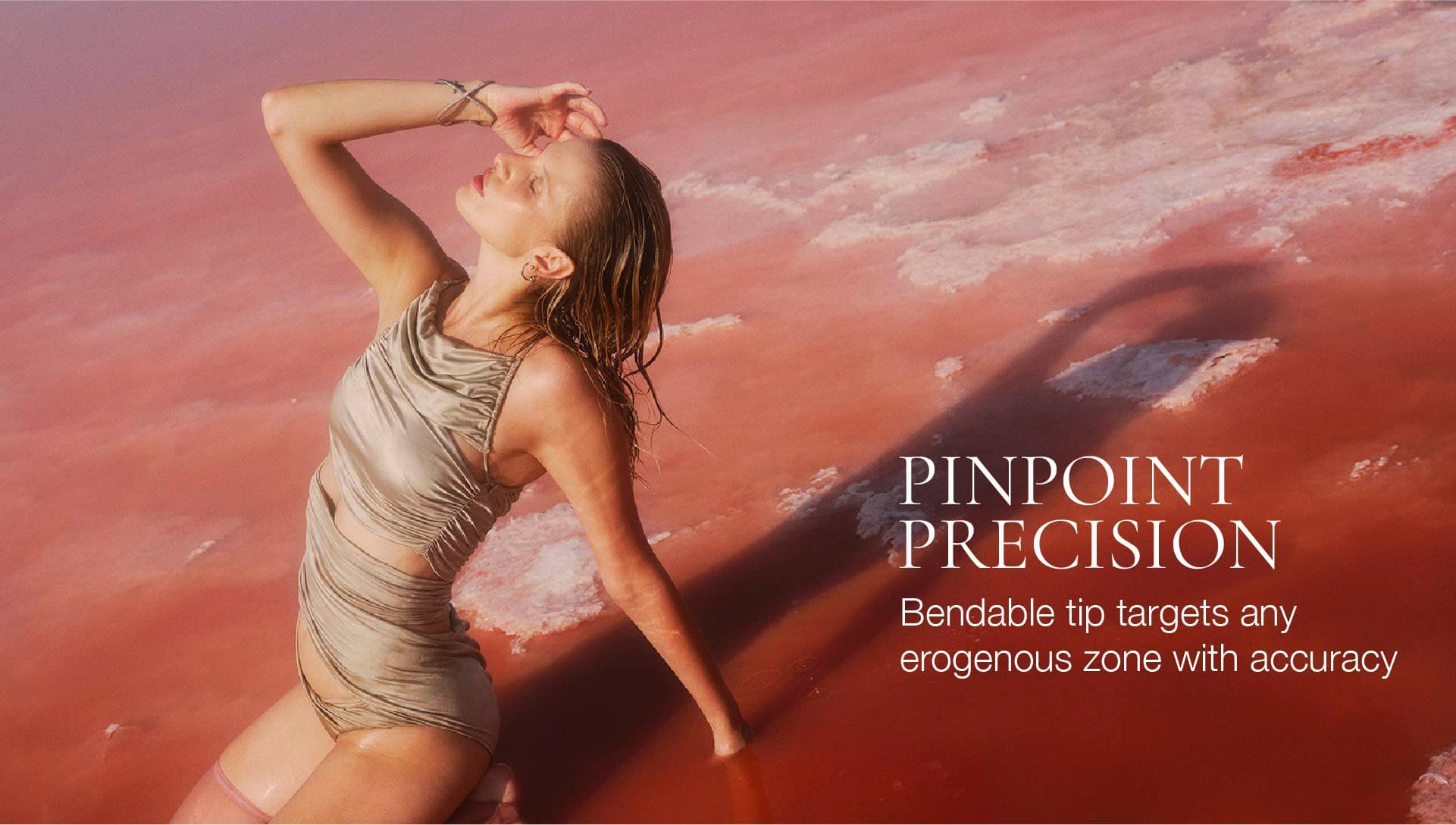 Woman sitting on a red surface with text overlay 'Pinpoint Precision' and product description.