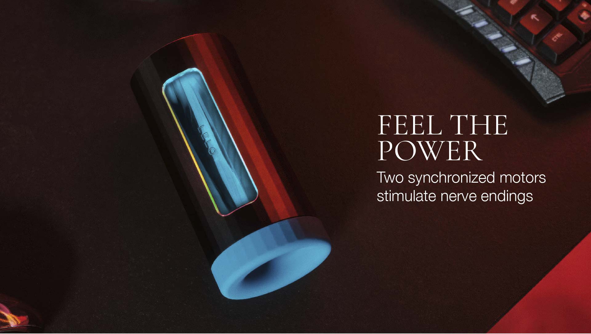 Glowing cylindrical device with text on a dark surface