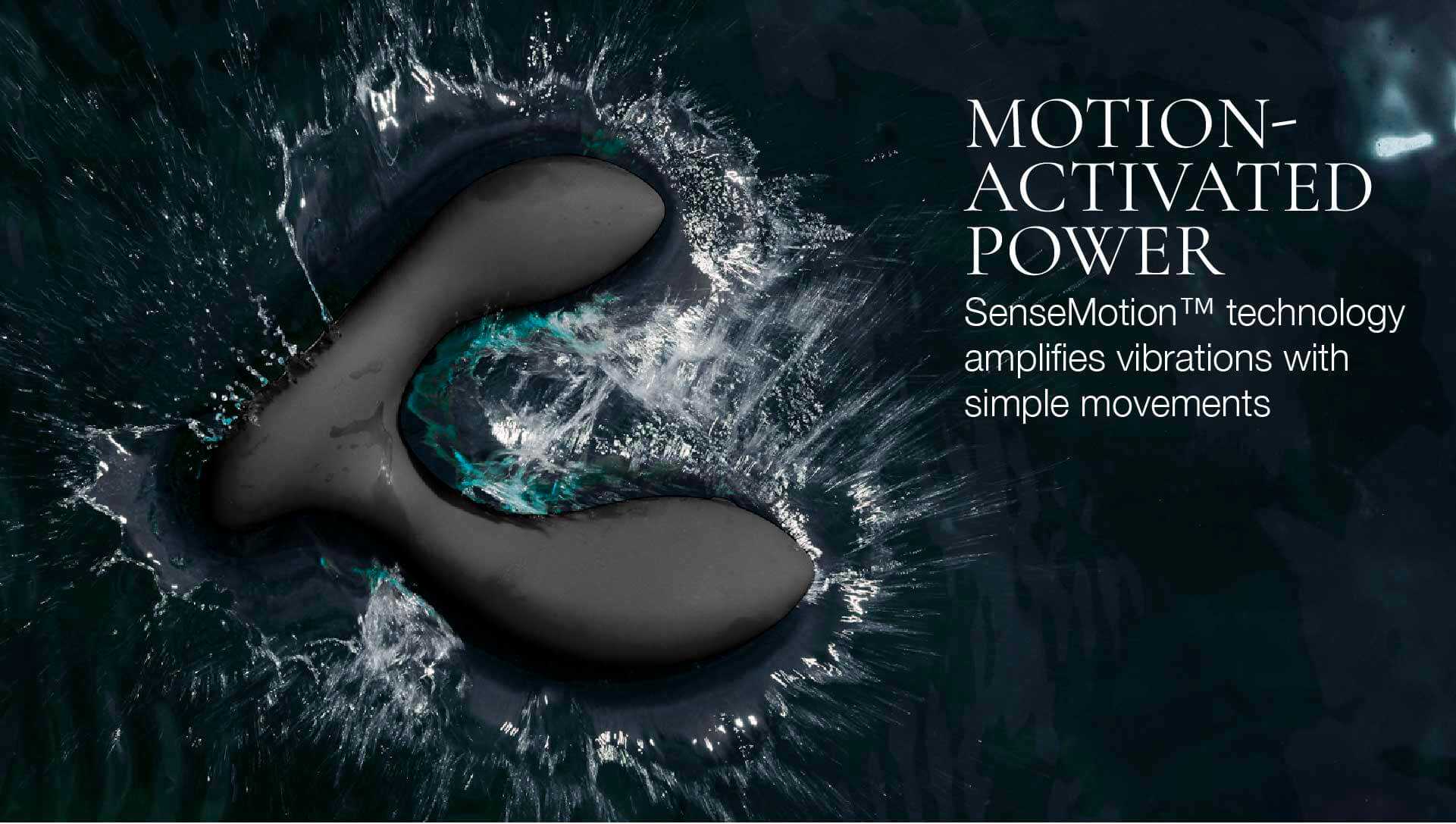 Prostate massager with water splashes and text about Motion-Activated Power technology.