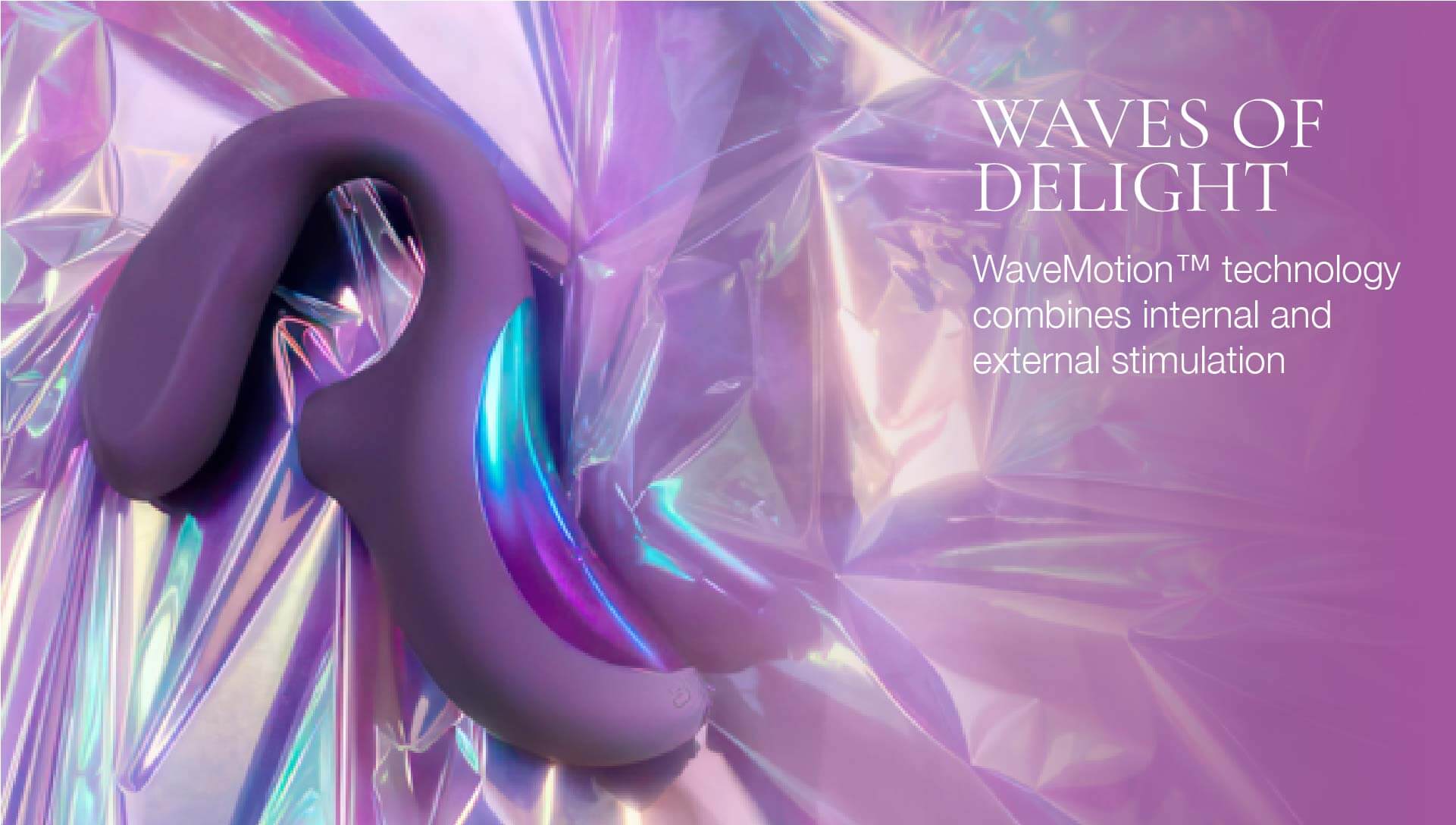 Purple wave-shaped product with 'Waves of Delight' text on a purple abstract background