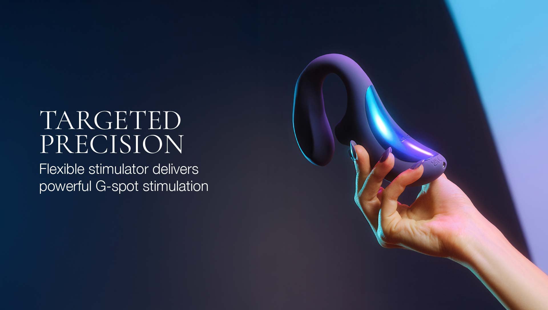 Hand holding a flexible stimulator with text about targeted precision on a dark background