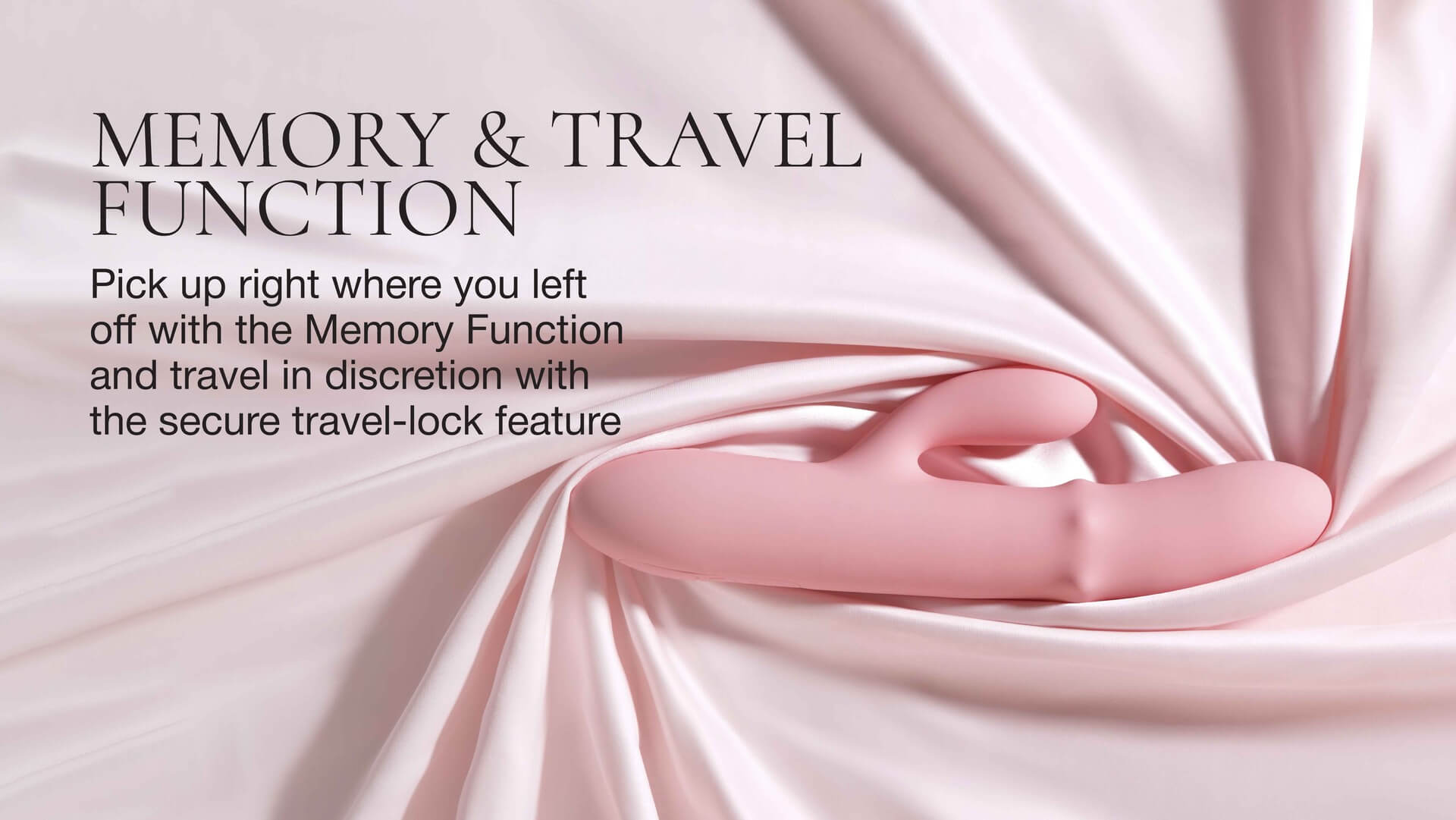 Pink rabbit vibrator on pink fabric with text about memory and travel function on a light pink background