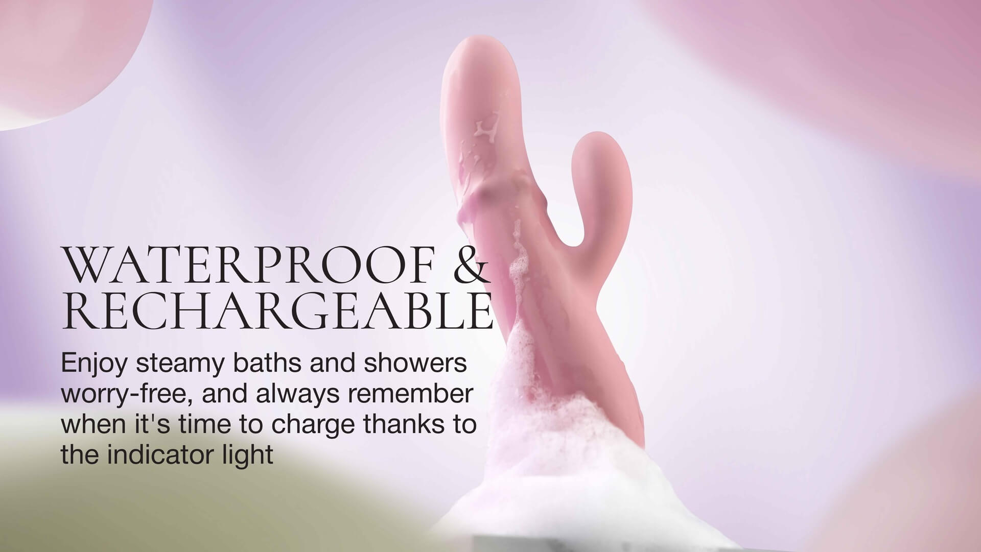 Hand with bath salt and text about waterproof and rechargeable product