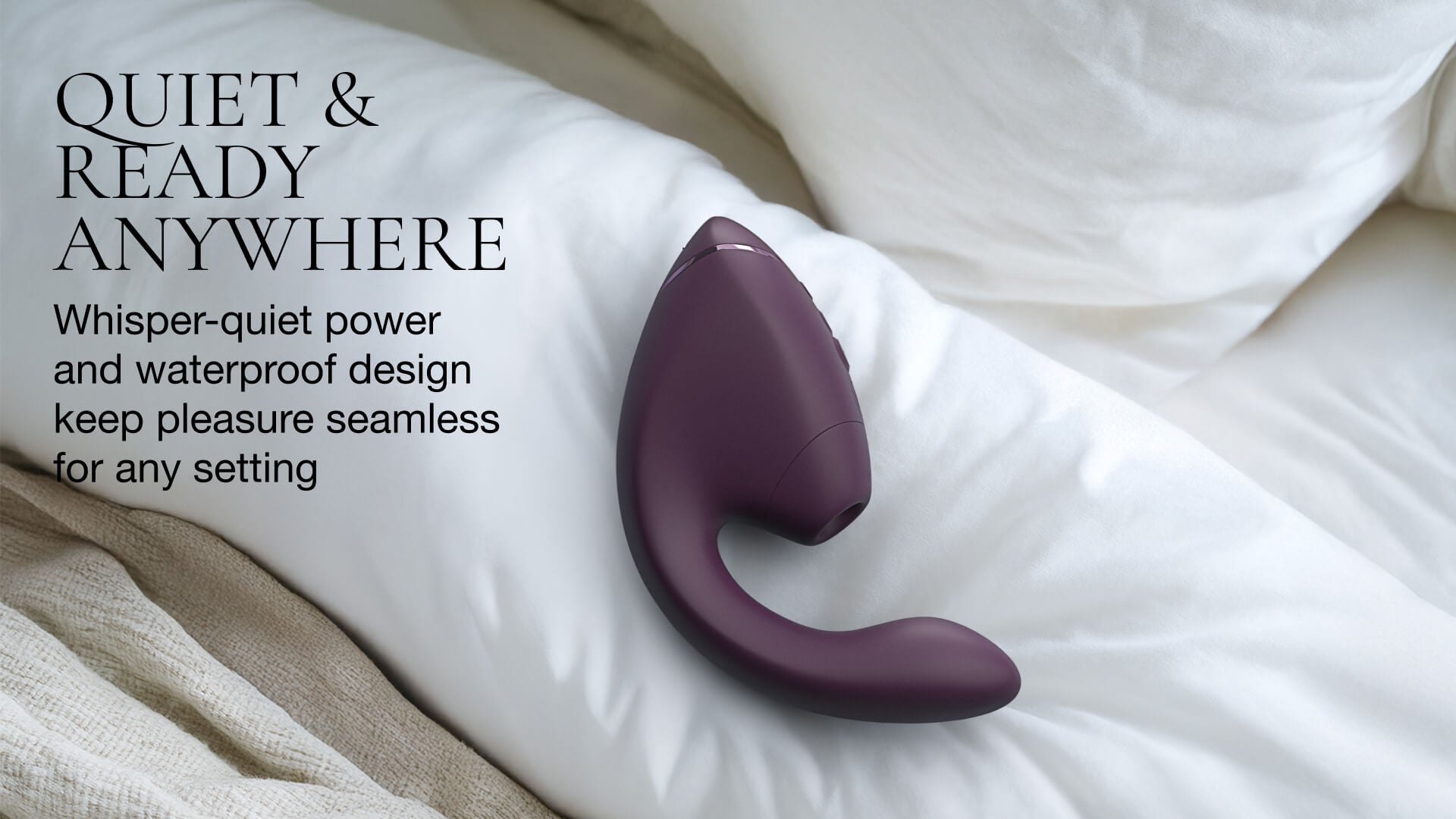 Purple electronic device on a white pillow with text about its features.