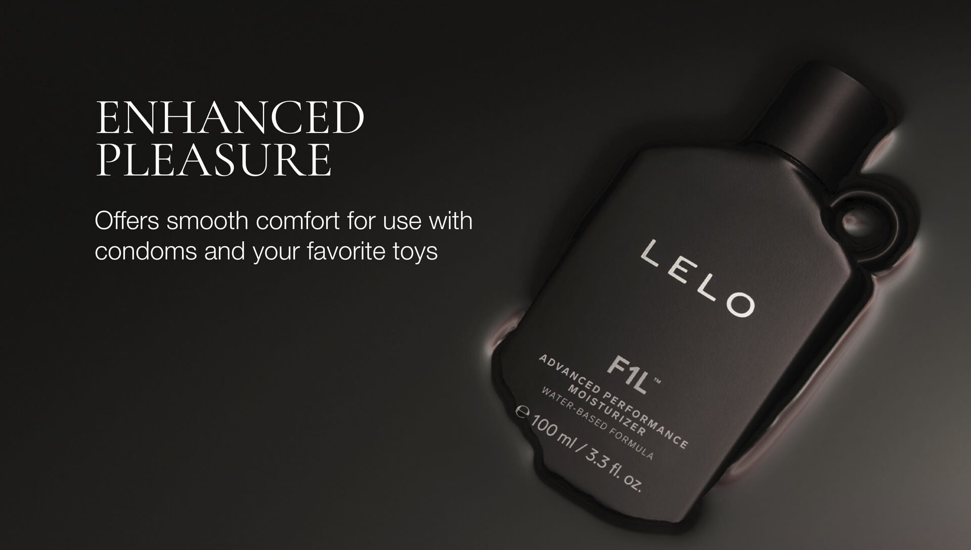 Black Lelo F1L lube on a dark background with text about enhanced pleasure.