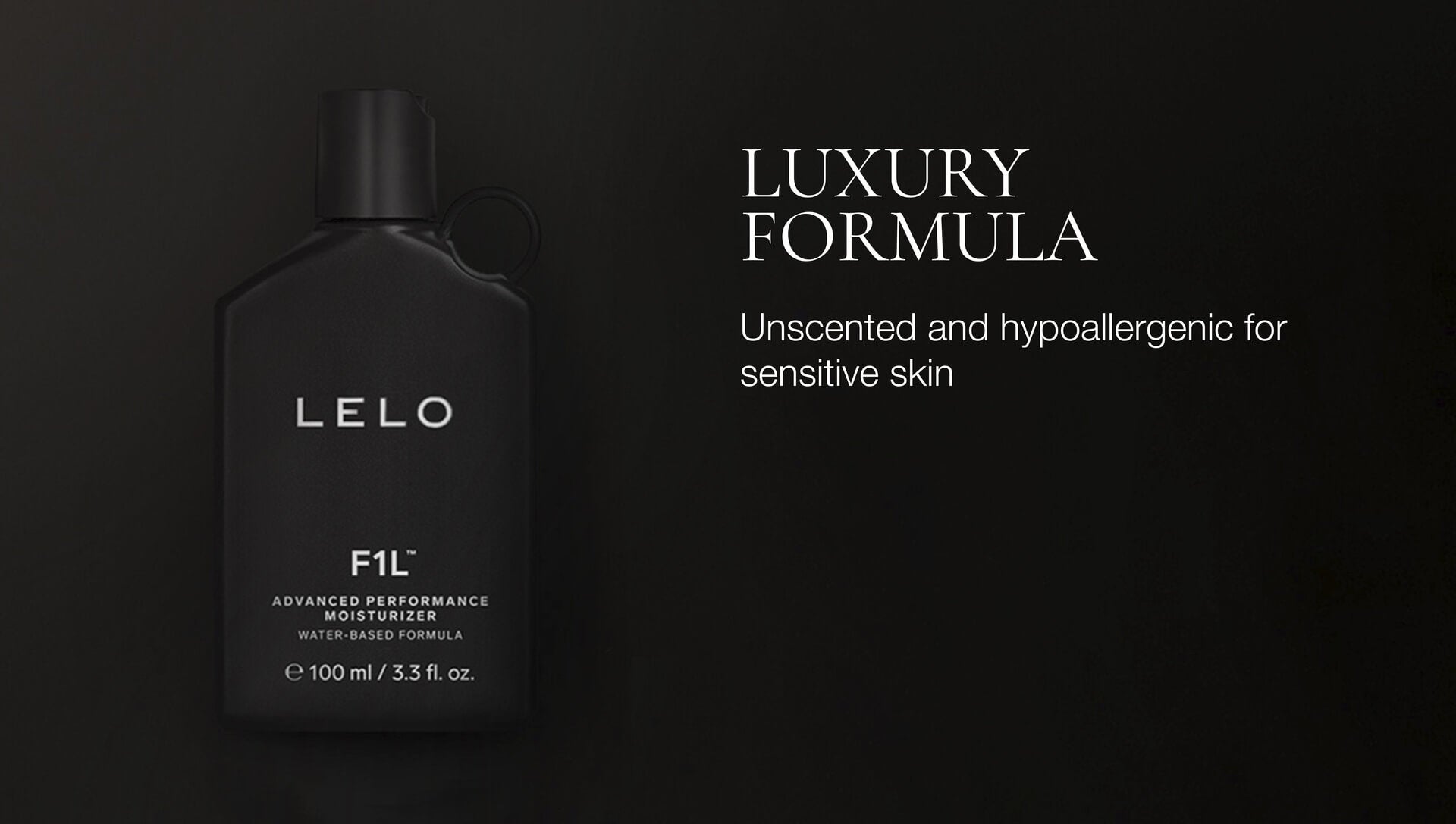 Black bottle of Lelo F1L on a dark background with product details.
