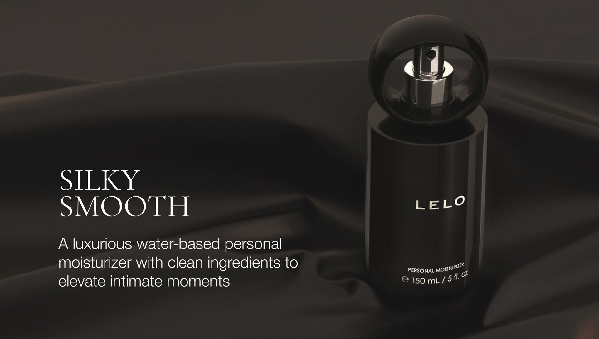 LELO personal moisturizer bottle on a dark background with text about its features.