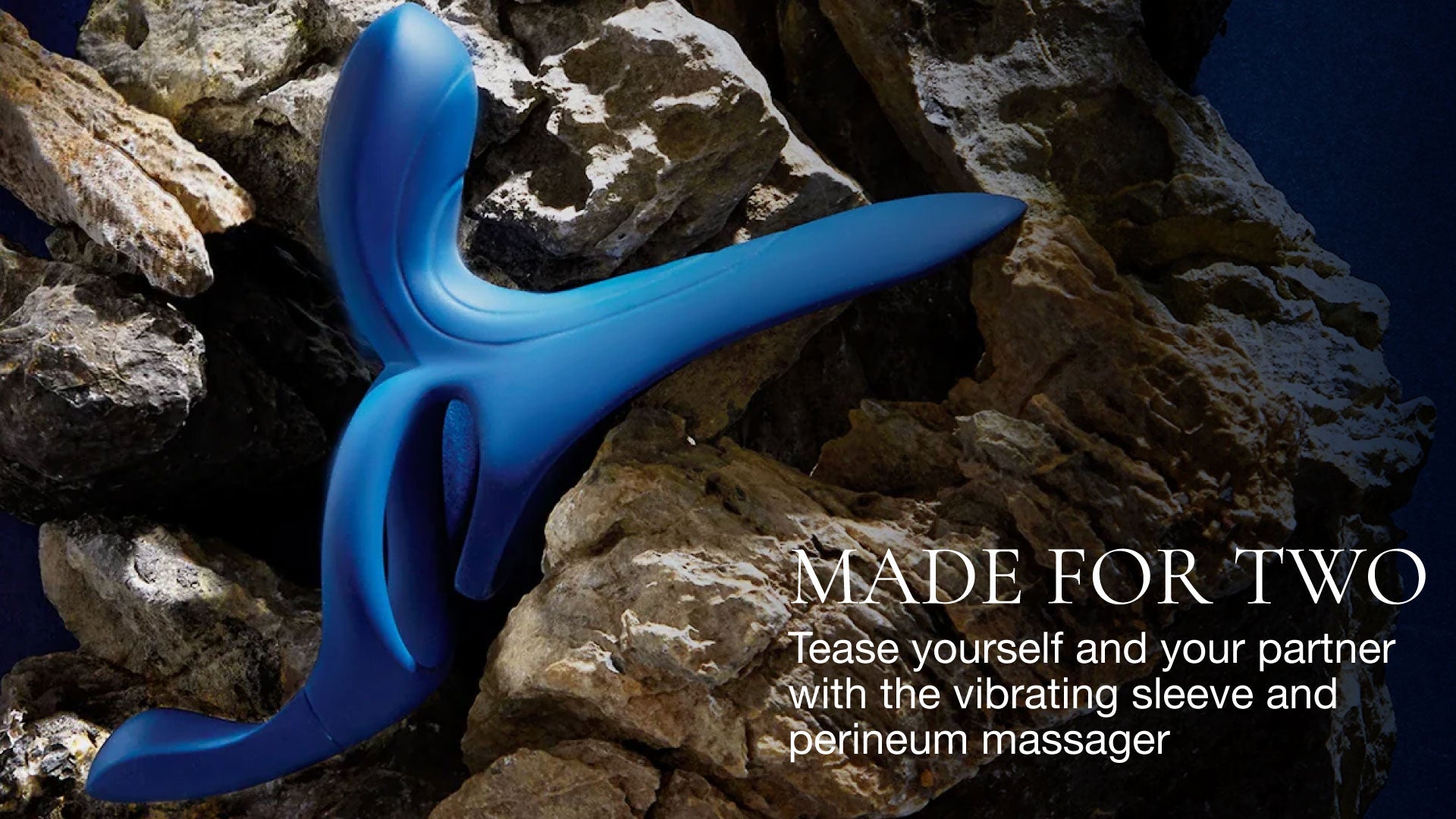 Blue vibrating sleeve and perineum massager on rocks with promotional text.