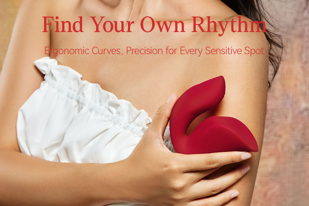 Red product held against a person's arm with text 'Find Your Own Rhythm' and 'Ergonomic Curves, Precision for Every Sensitive Spot'.