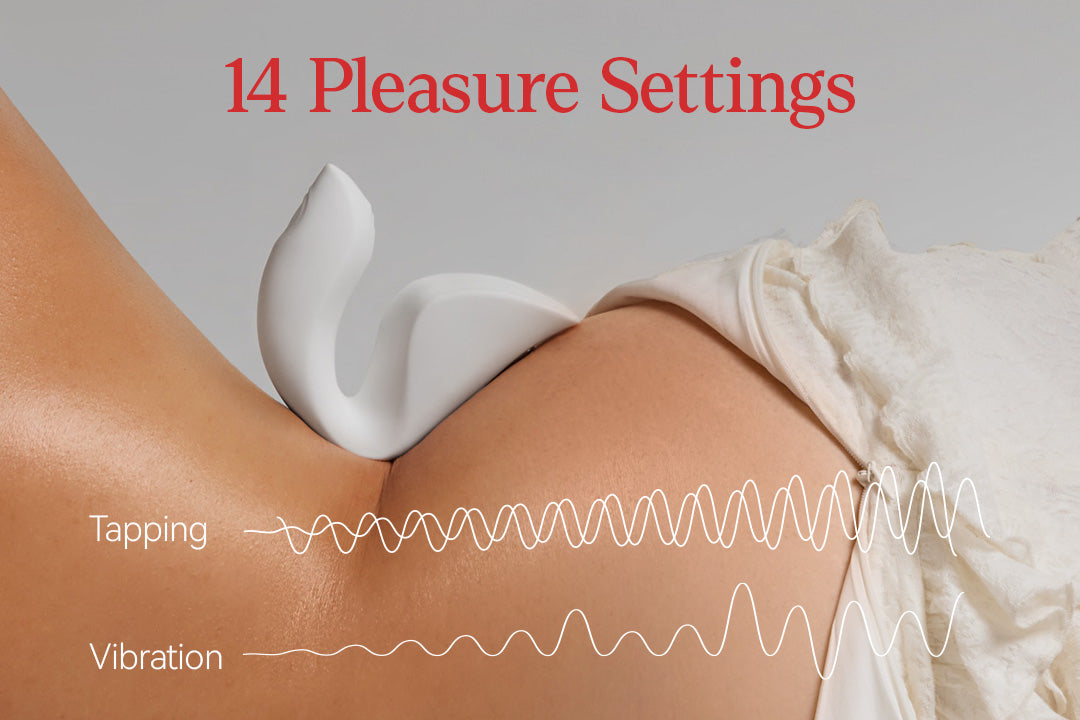 Product with '14 Pleasure Settings' text and waveforms indicating different functions on a neutral background.