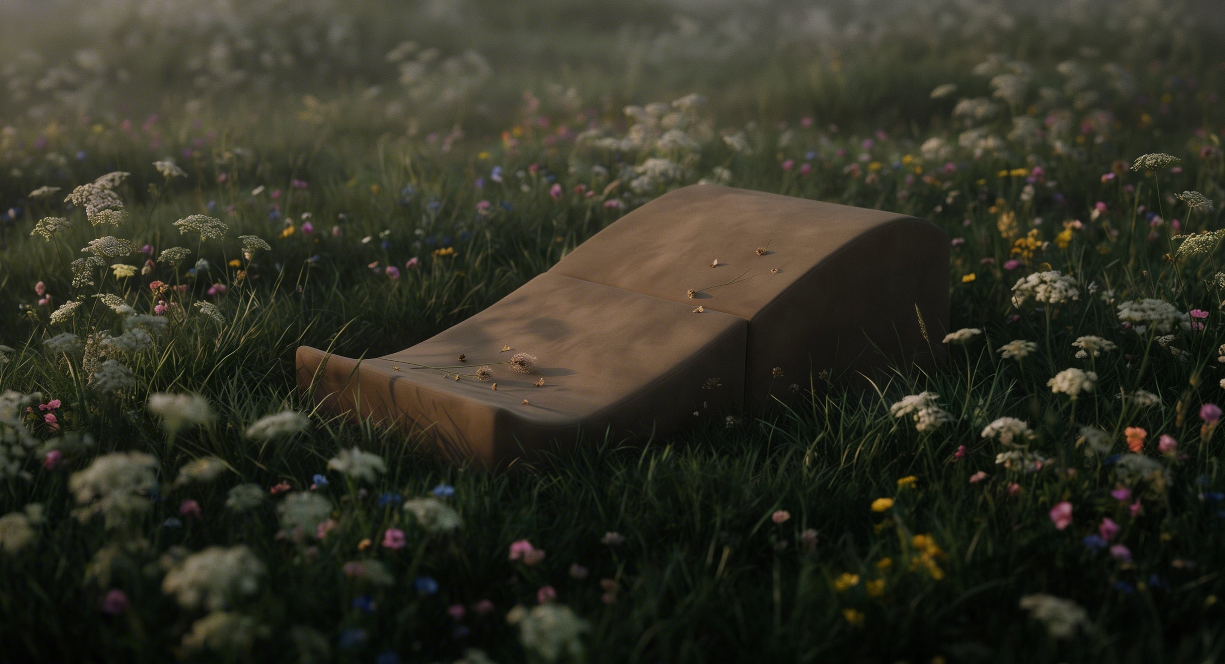 Brown flip ramp in a field of wildflowers with a blurred background