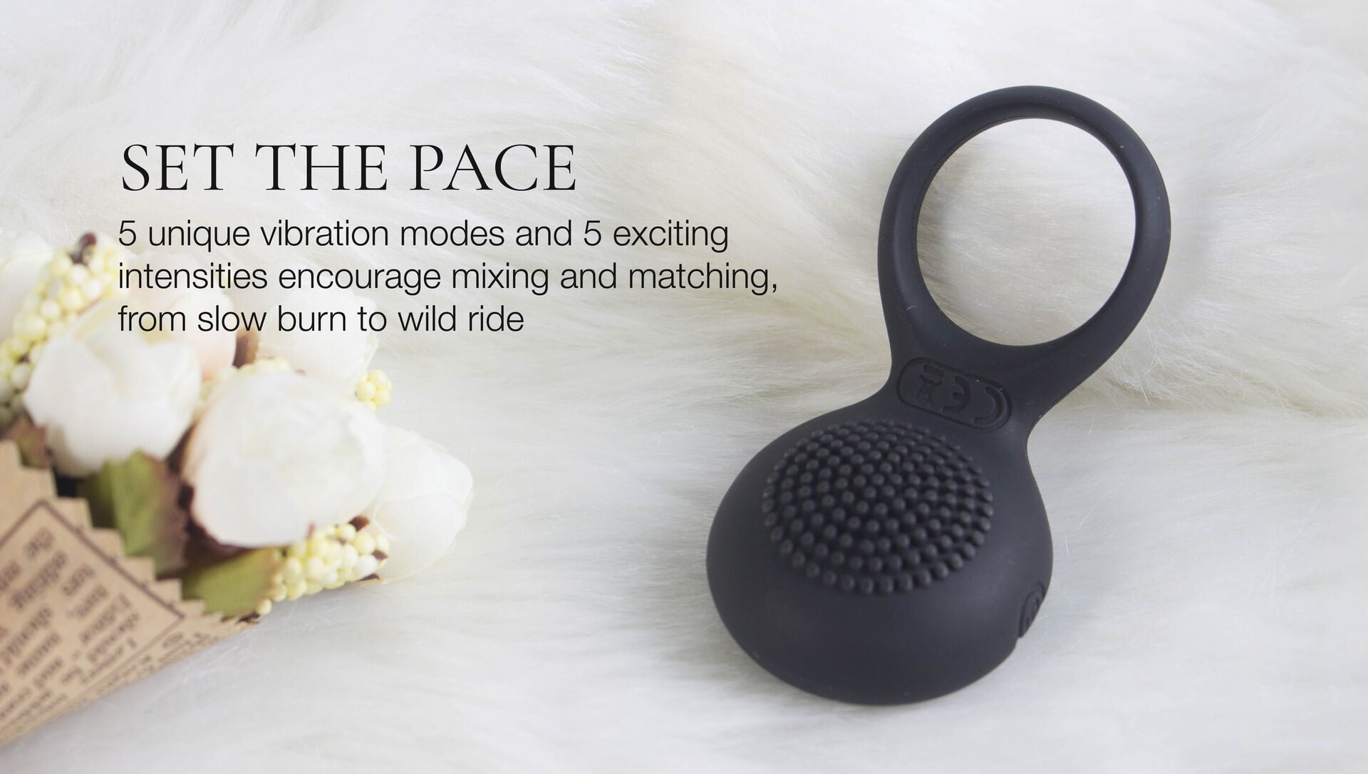 Black silicone ring with text on a white background