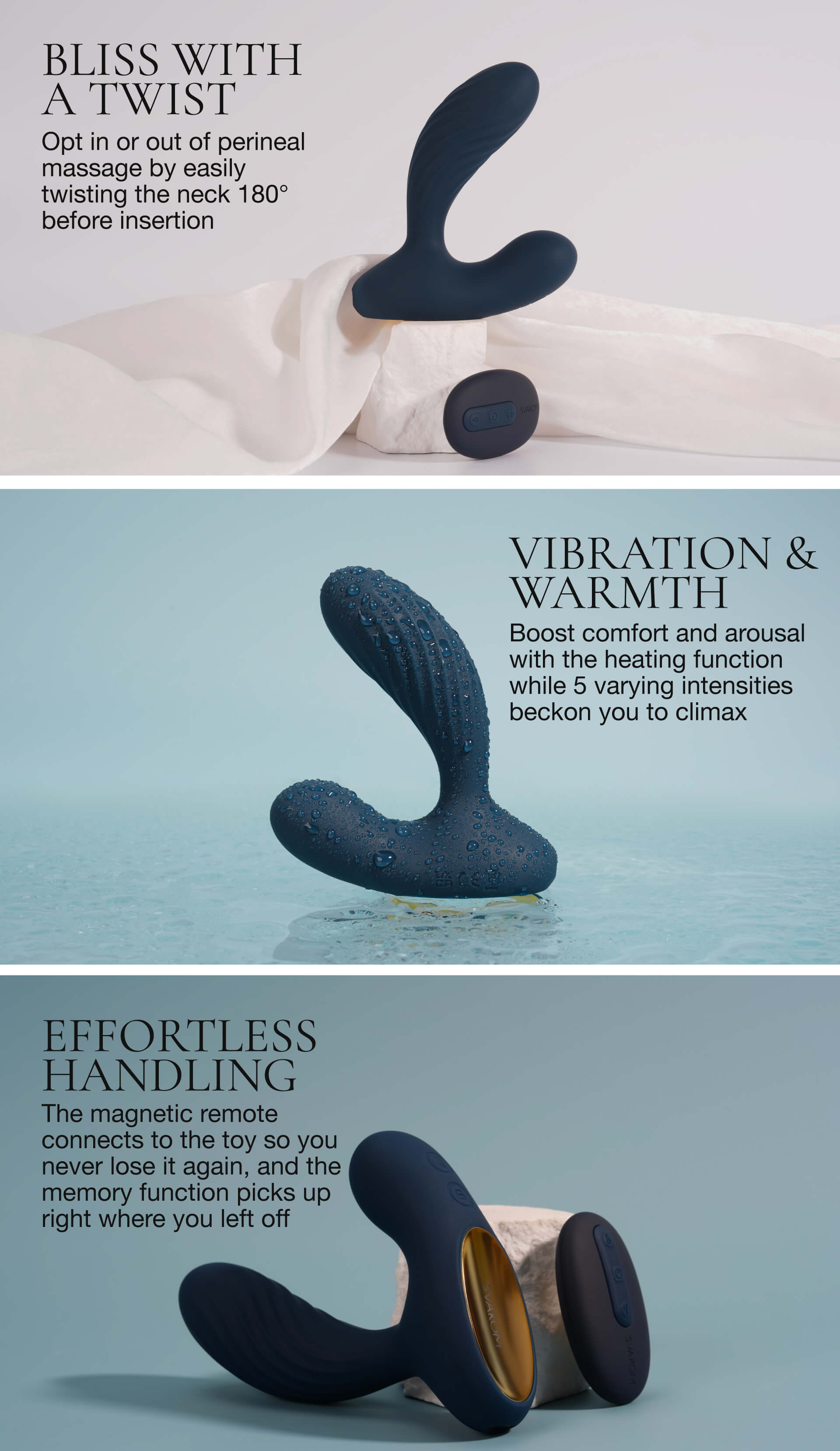 SIlicone vibrator with text describing features on a light blue background