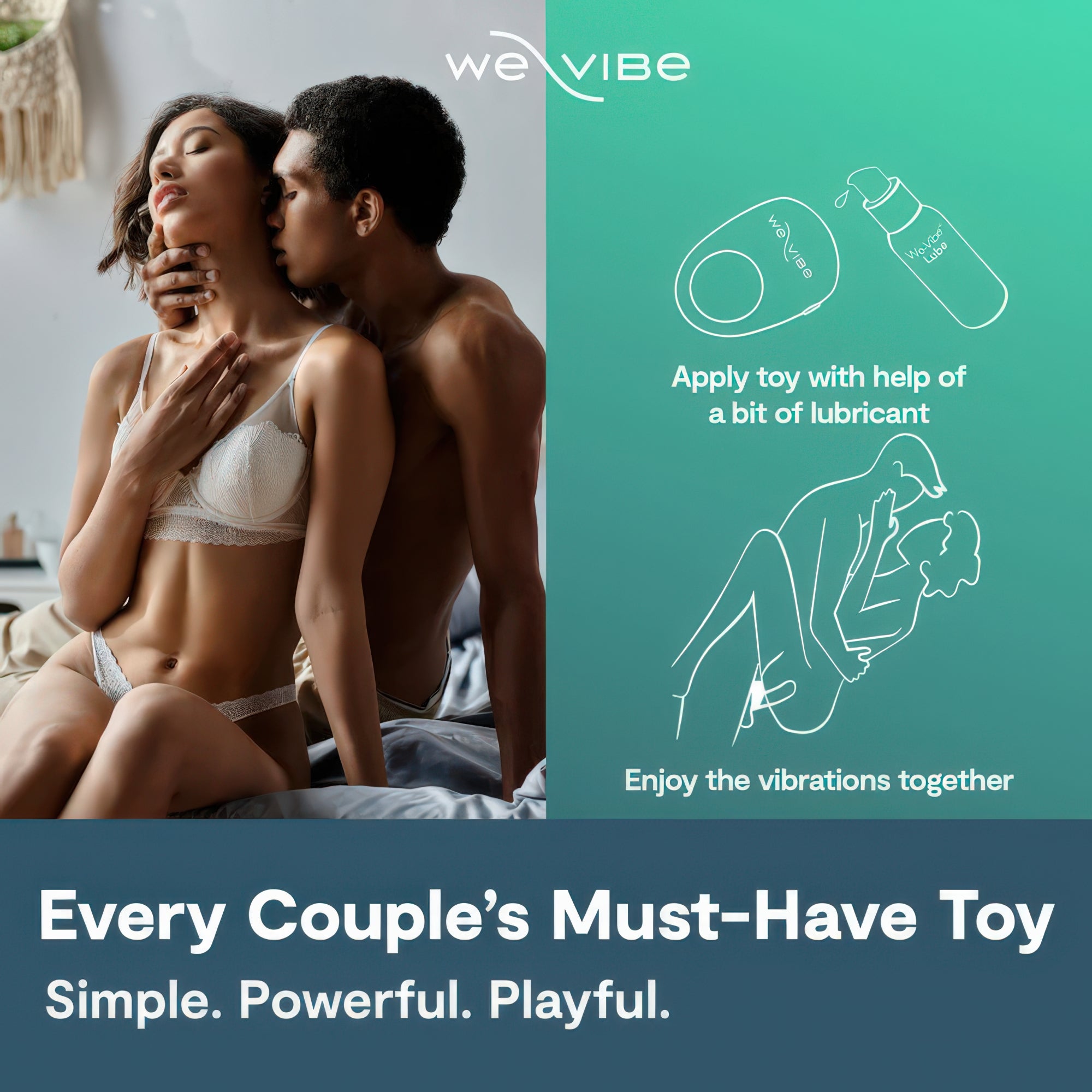 Advertisement for a couple using a product with text and illustrations on a teal background.