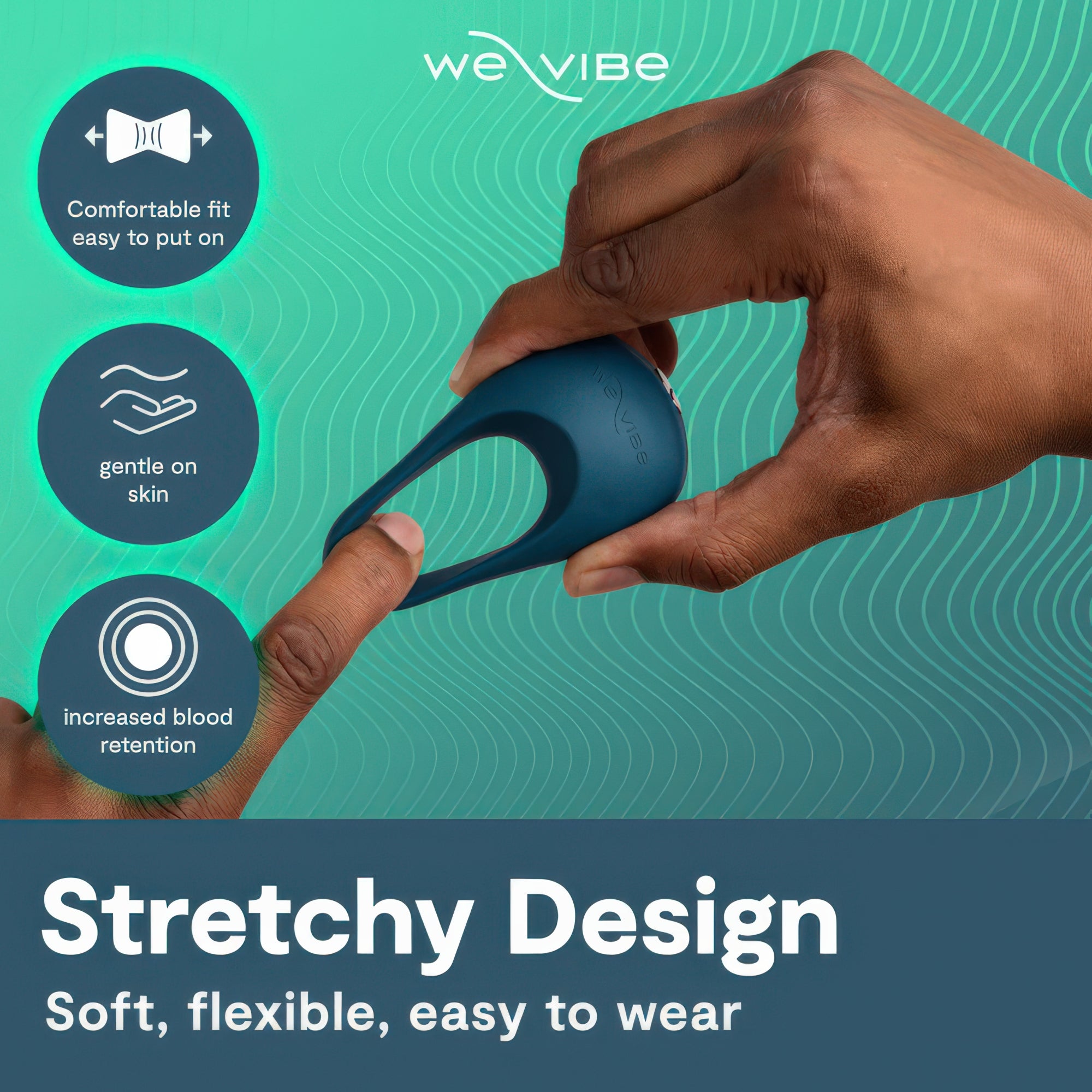 Hand holding a blue device with 'we-vibe' branding and text about stretchy design on a teal background.