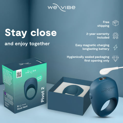 WeVibe Pivot 2 product with packaging and charging cable on a blue background