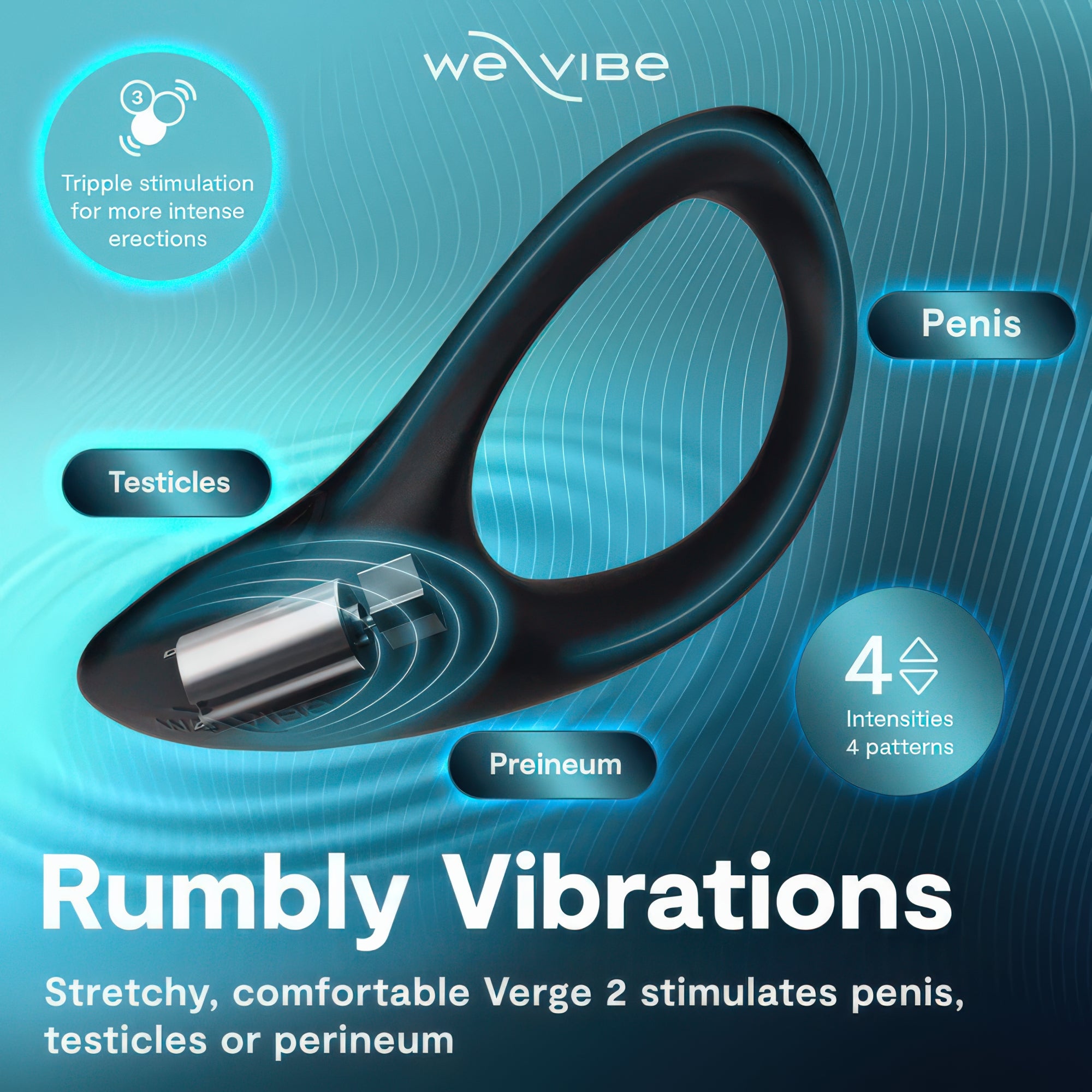 Product advertisement for 'Rumbly Vibrations' with branding and text on a blue background