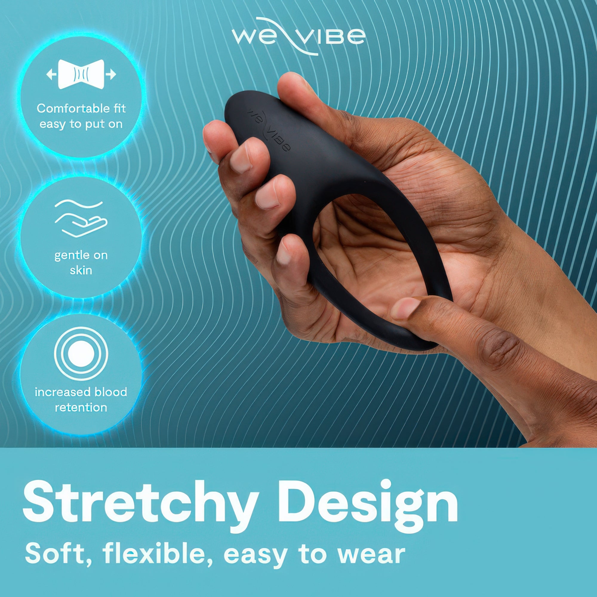 Hand holding a black device with 'we-vibe' branding against a blue background alongside promotional text
