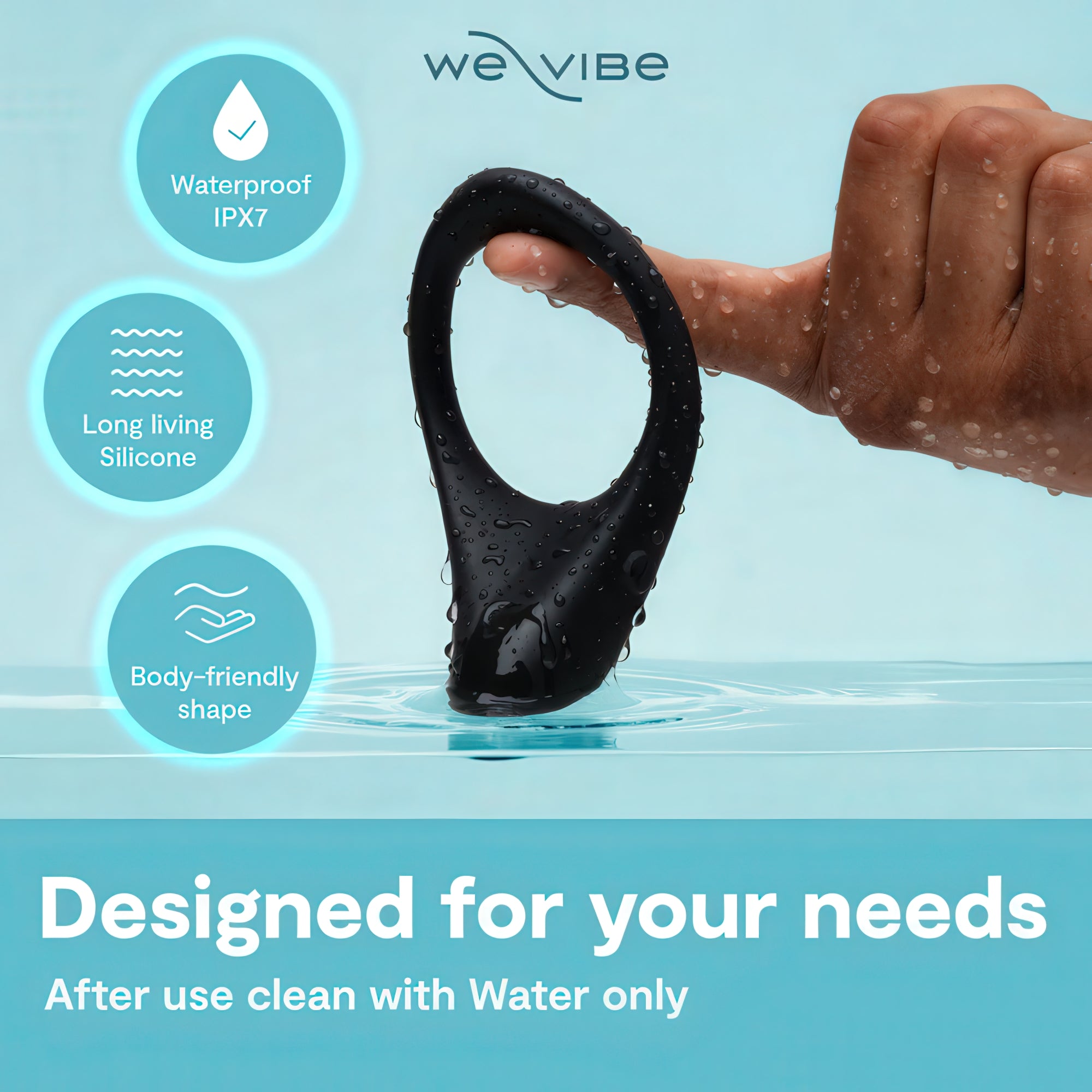 Black device being held above water with 'weVibe' branding and product features listed.