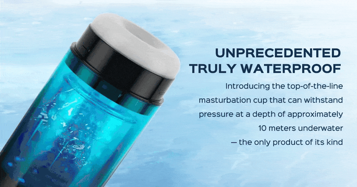 Animated GIF of water flow feature of masturbator toy alongside promotional text