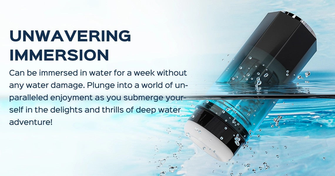 Product submerged in water with text about its water resistance feature.