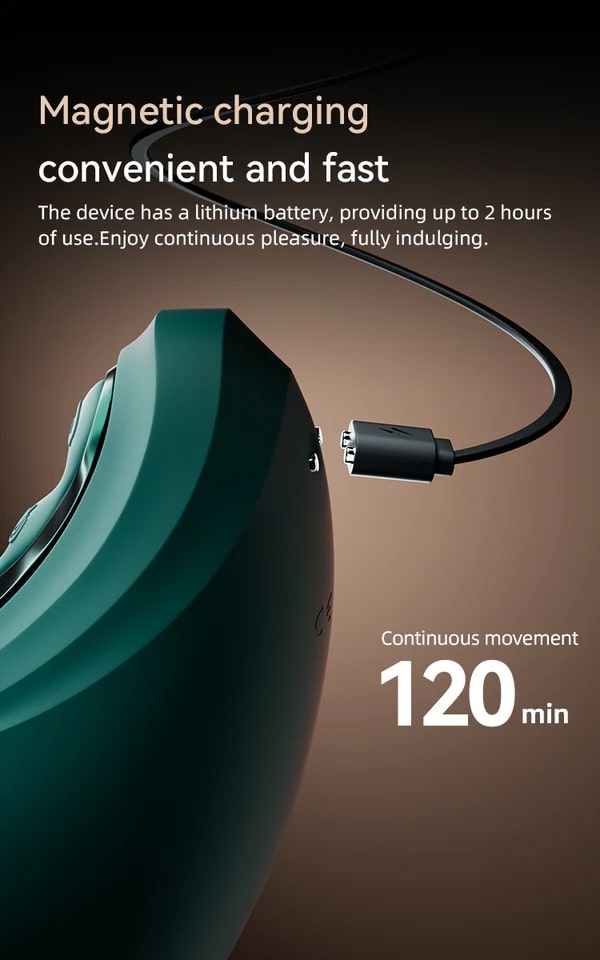 Magnetic charging device with text on a dark background