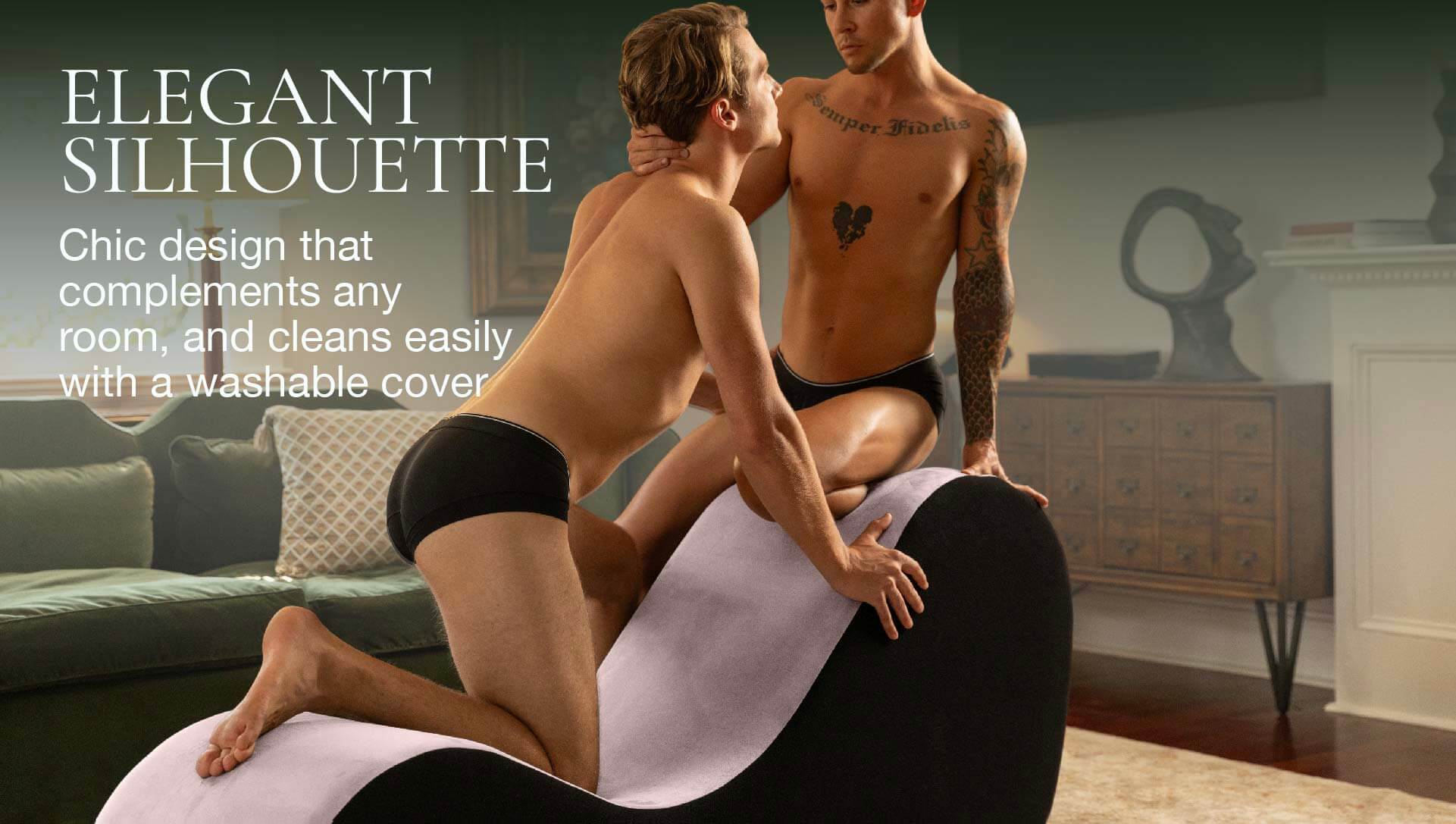 Two shirtless men sitting on a modern chaise with text about an elegant silhouette design.