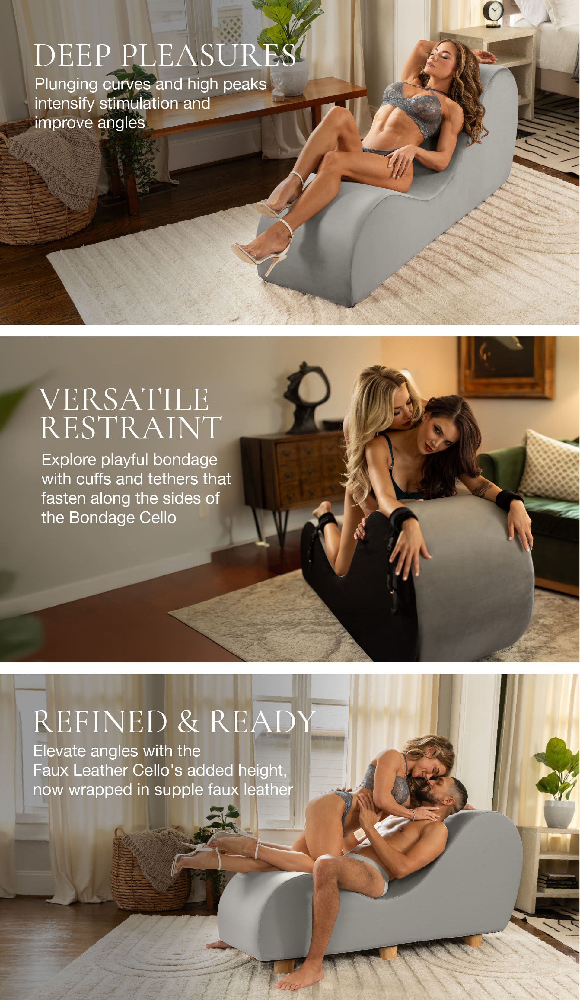 Product advertisement for a bondage chaise with text on deep pleasures, versatile restraint, and refined design.