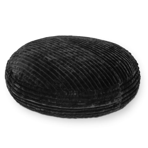 Black textured round cushion on a white background