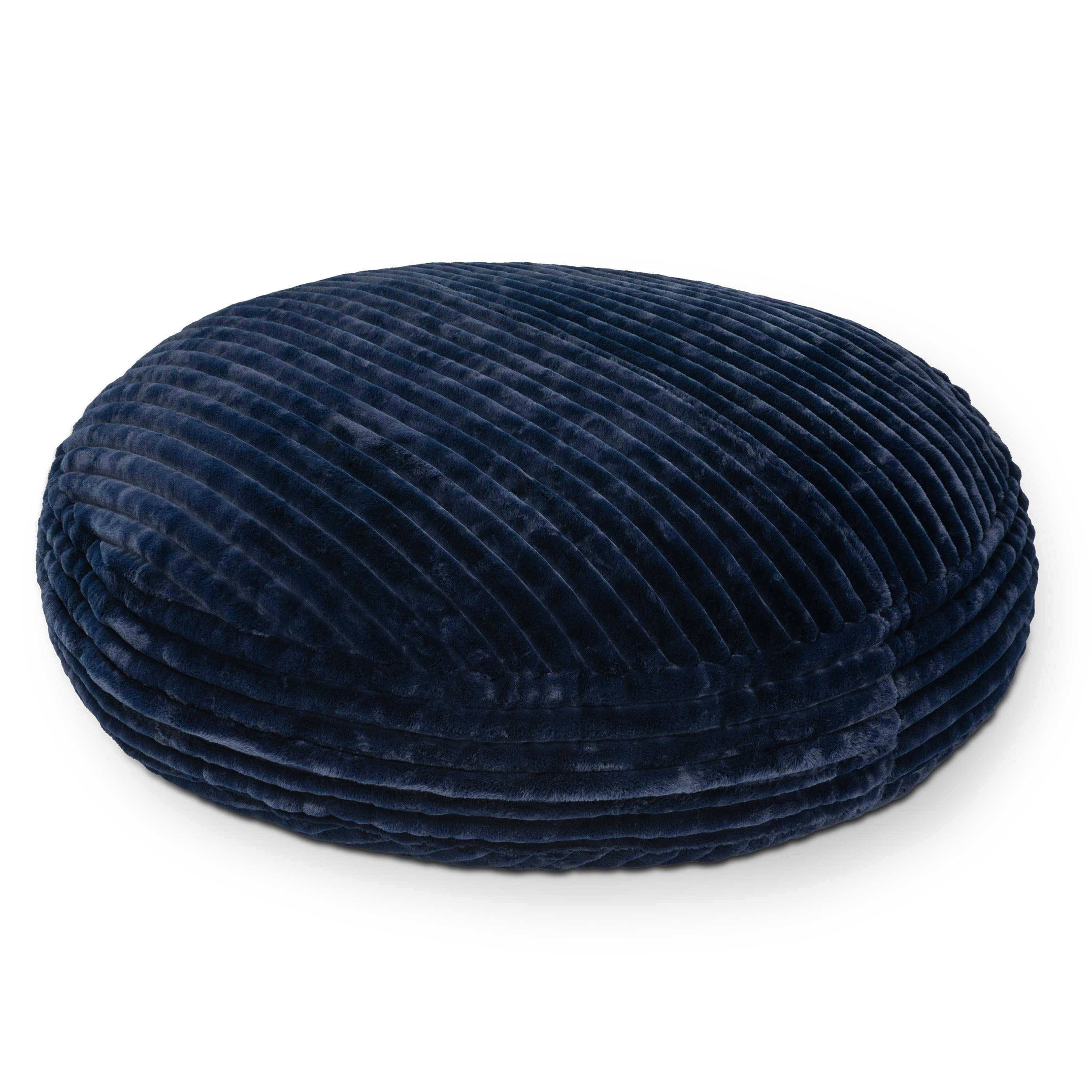 Navy blue textured round cushion on a white background