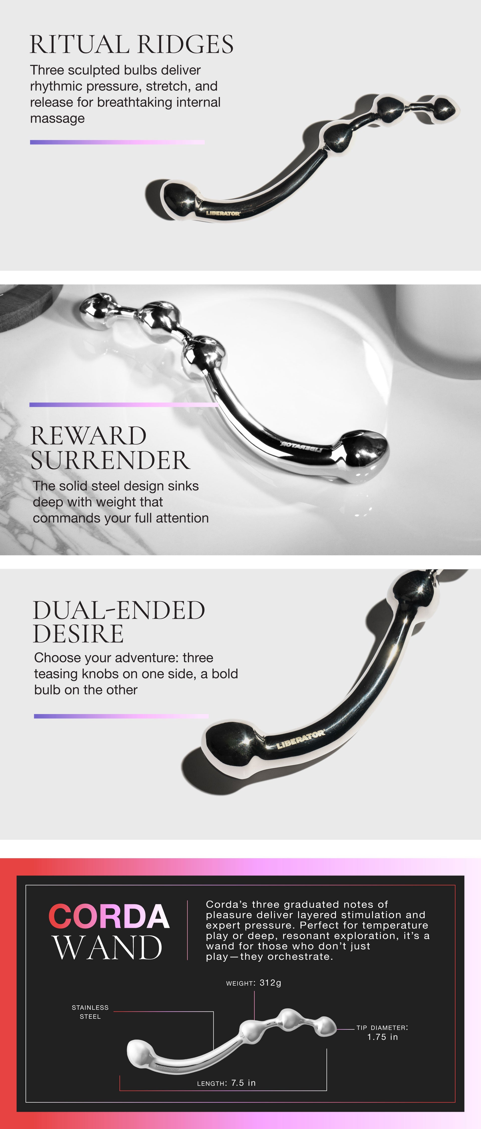 Product display with text describing features of a CORDA WAND.