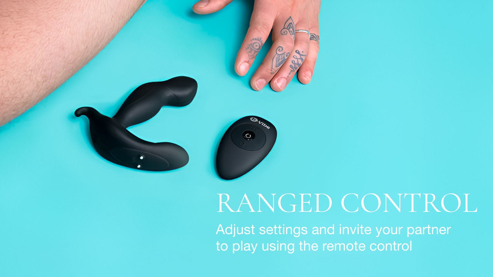 Black remote control and toy on a blue surface with text about ranged control.