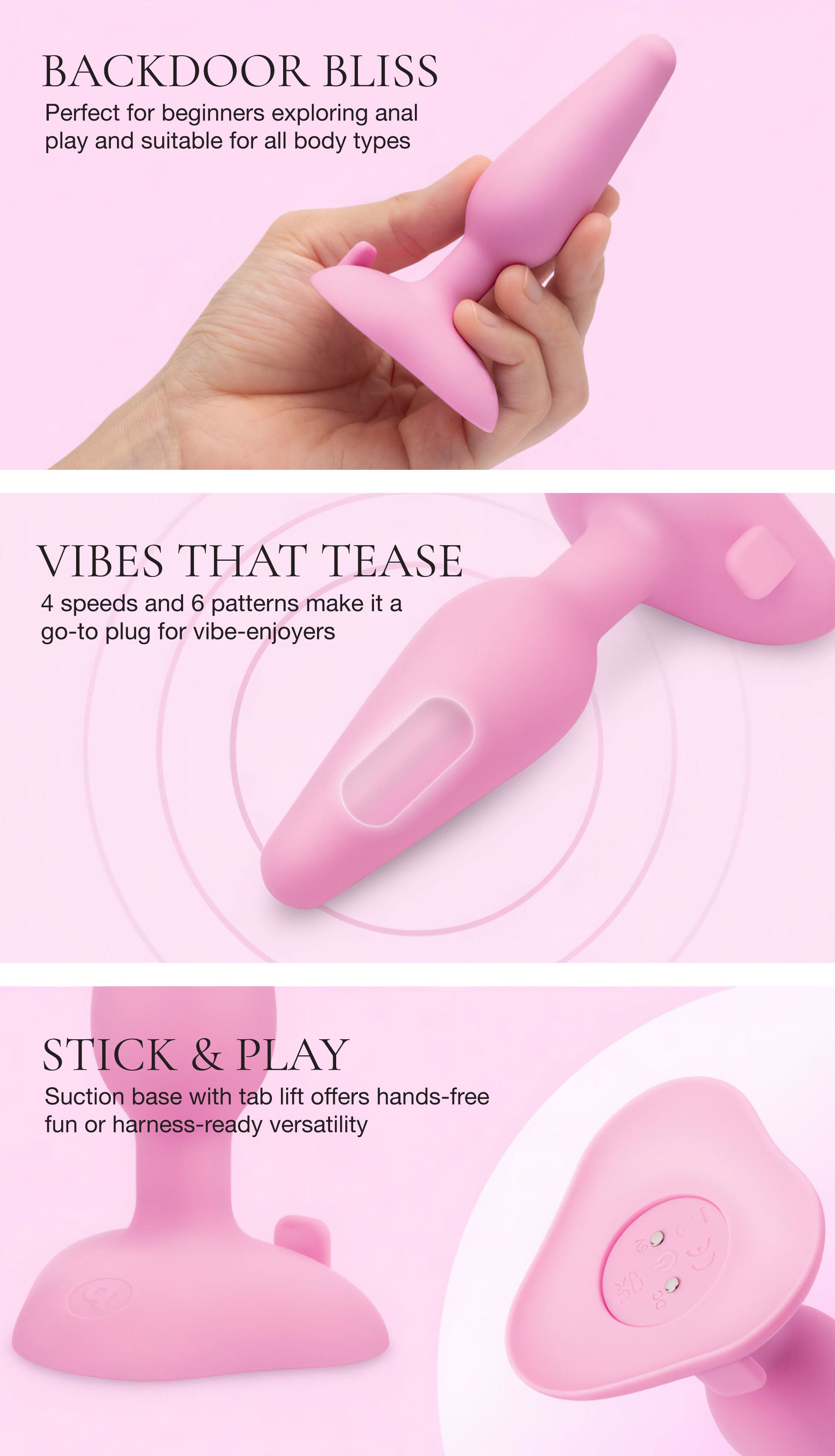 Pink sexual product with text describing features on a pink background