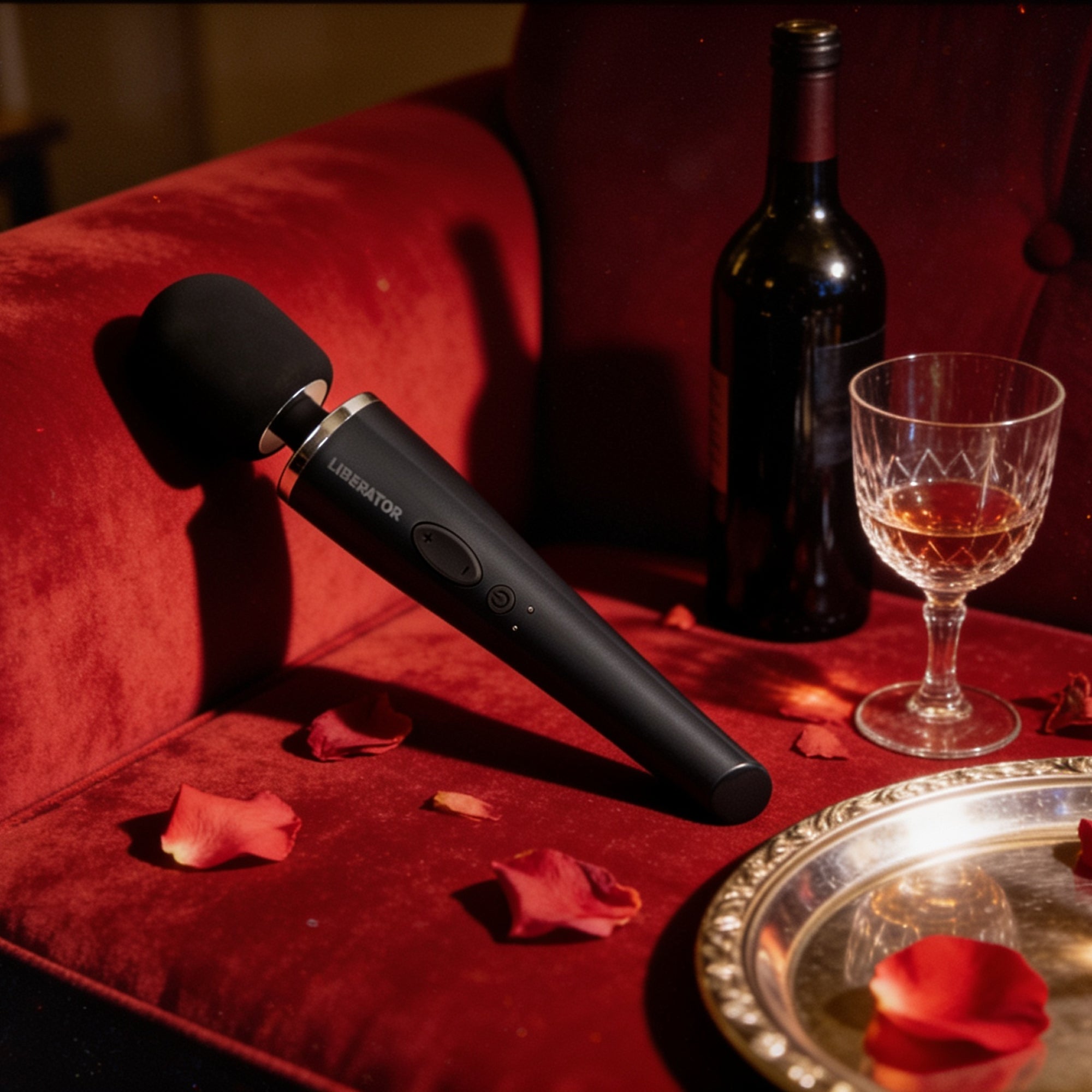 A black handheld wand with a foam windscreen lies on a red velvet couch beside a bottle, a filled wine glass, and scattered rose petals.