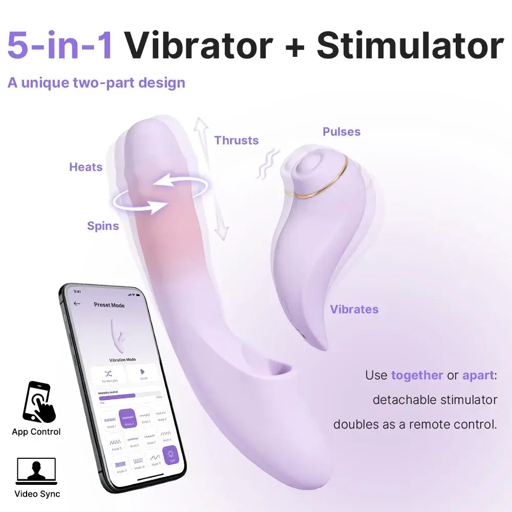 Purple 5-in-1 vibrator with smartphone app control on a white background